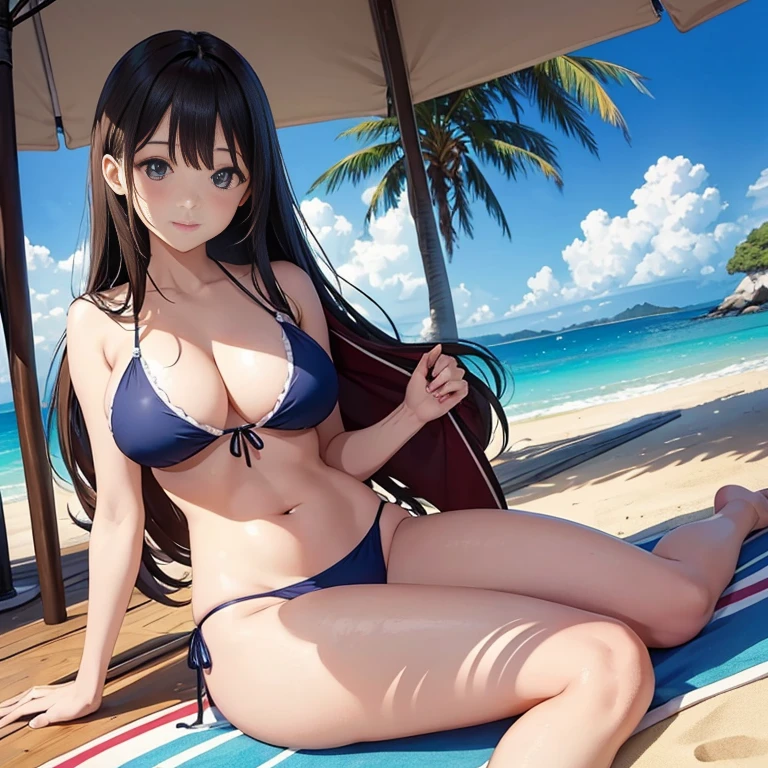 highest quality、masterpiece、Super high quality、8k、adult japanese woman、adult sex appeal、Long brown hair、bangs、light blue off shoulder bikini、smile、big breasts、thin waist、thin thighs、beach