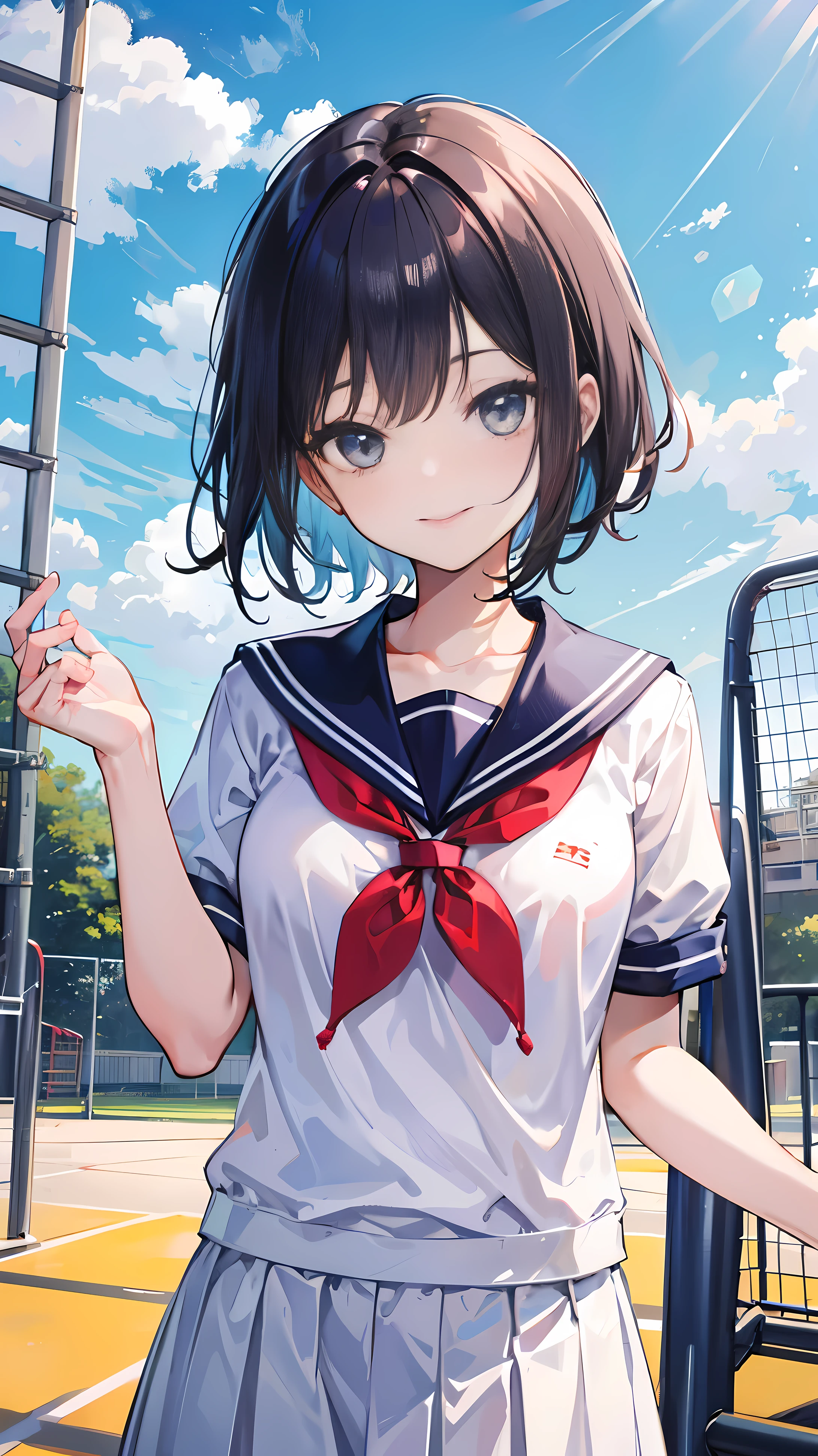 school playground，Masters，Sailor suit，sunny，Smile，high and high