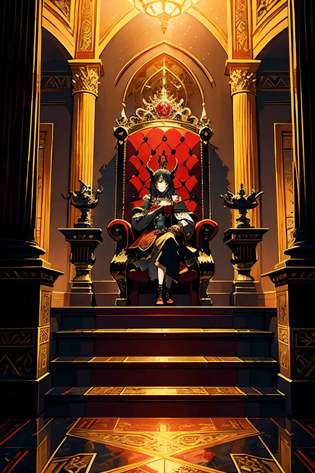(anime style, top-quality masterpiece, Demon king, His castle, Queen sitting on throne, Children on throne stairs),
(Highly detailed and colorful anime characters), (Realistic shading and textures), (Cinematic lighting, Dramatic atmosphere), (Detailed facial expressions, Expressive body language), (Anime-inspired clothes and accessories), (King with horns, Queen with elegant dress), (Princesses and princes in traditional anime clothing), (Throne room with intricate decorations), (Red and black color scheme), (Fantasy setting, Magic aura), (Suspenseful and exciting scene), (Immersive and capt