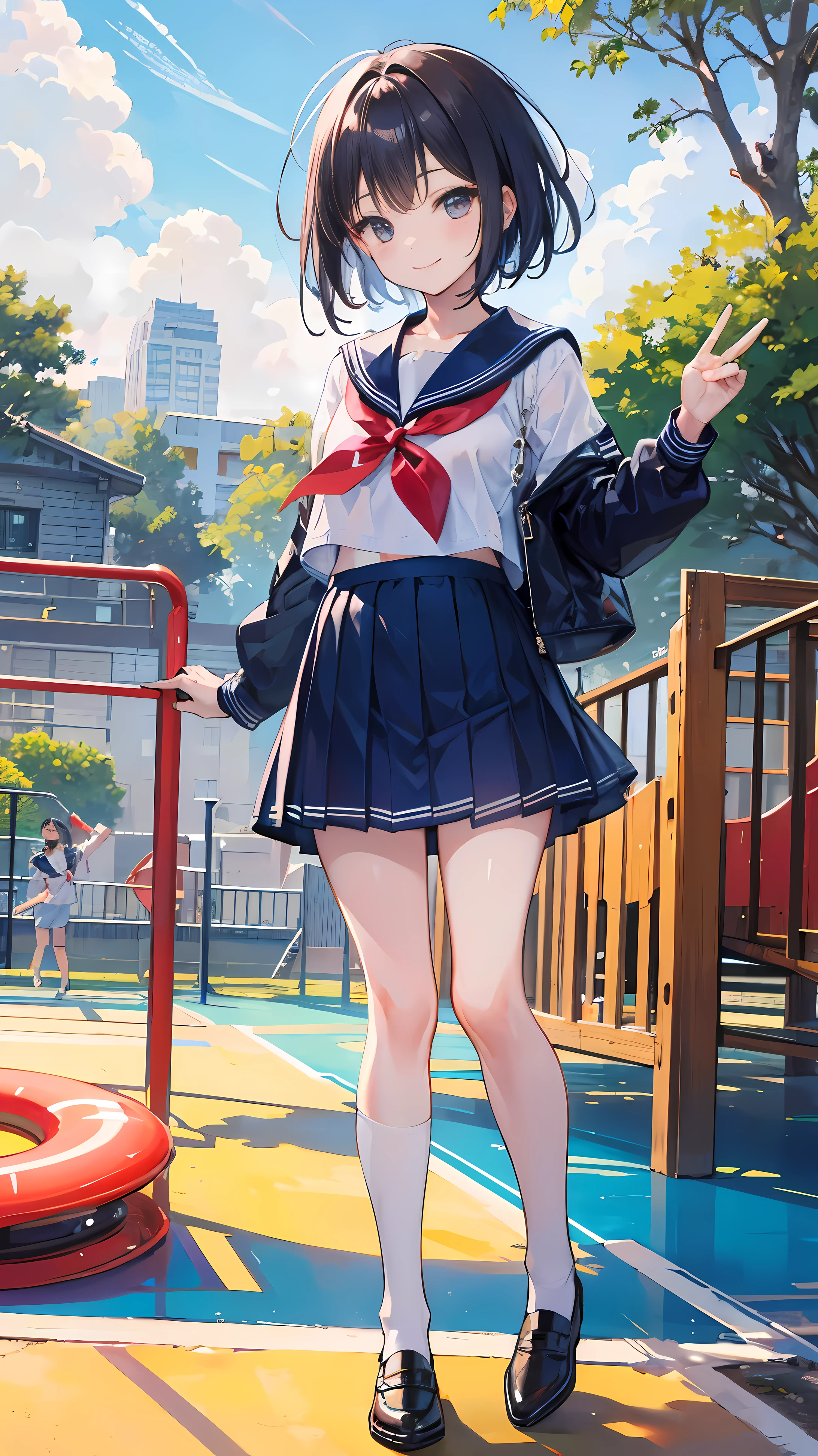 School playground,grand master,Sailor suit,sunny,Smile,high and high