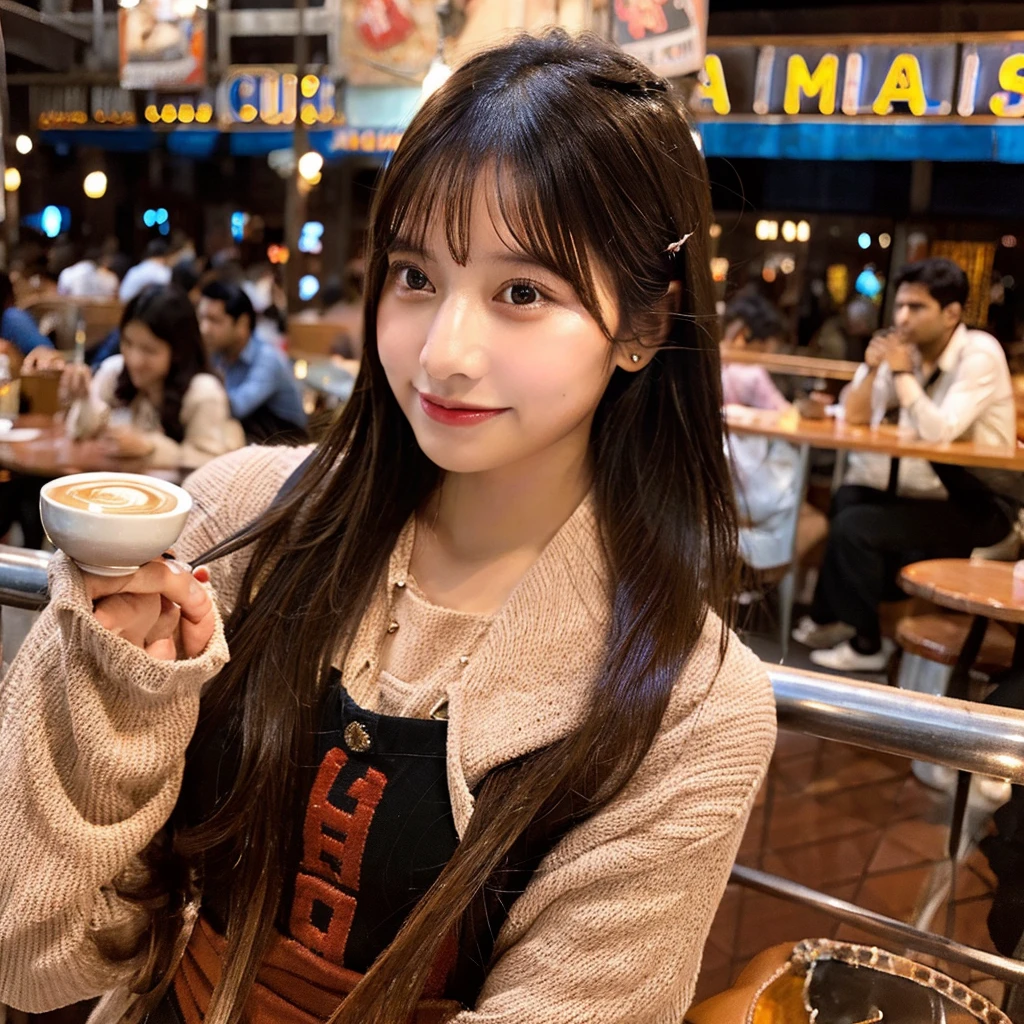 (realistic、High resolution:1.3), charming india girl , cafe , crowded cafe
