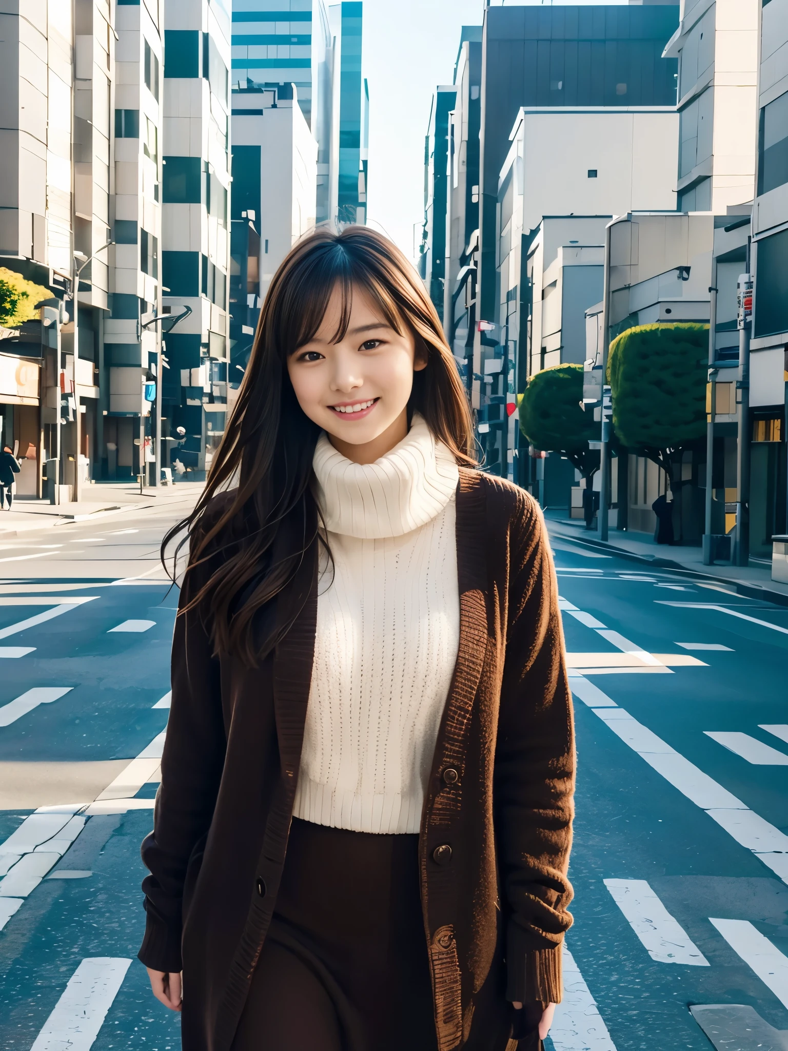 Photoreal, 8K full-length portrait, Beautiful woman, attractive look, Clear system, , Tokyo city, winter, Shibuya in the background