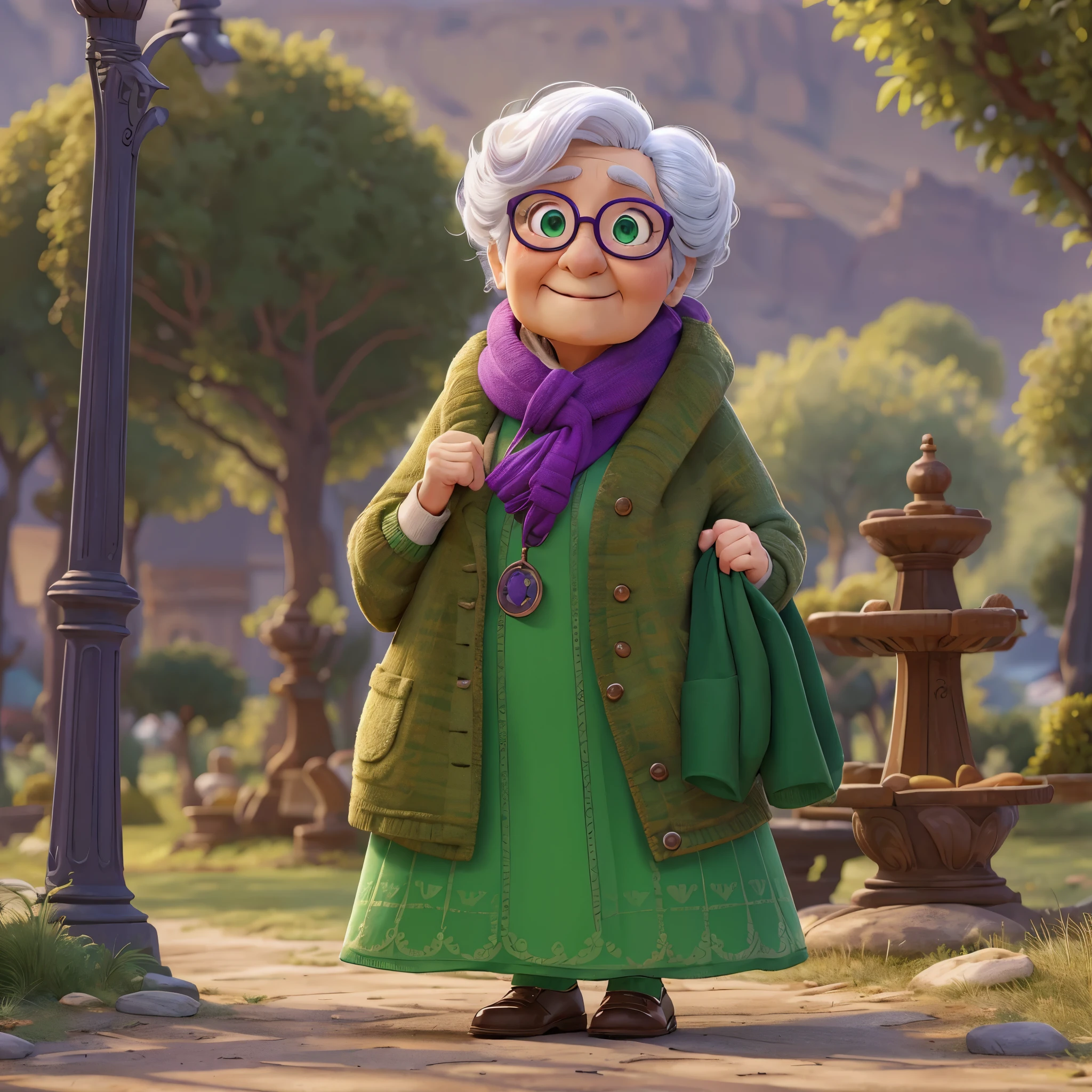 masterpiece, best quality, One wears glasses、old woman wearing scarf, Wear a purple coat and green scarf, Stand in the park,Pixar style, best quality, stills,