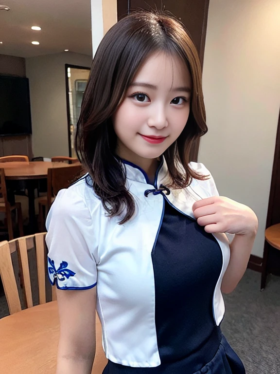 table top, highest quality, 8K, 18-year-old, RAW photo, (cute smile), alone, Cute face like an idol, delicate girl, Full body Esbian, close up of thighs、Digital single-lens reflex camera, looking at the viewer, Frank, Sophisticated,Hide your arms behind your back, professional lighting, film grain, chromatic aberration, (Eye and face details:1.0), (Bokeh:1.1) , (cute baby face、With a round face、Cute cheongsam with a short length、I can see your pants.、Clothes with emphasized chest bulge:1.4)、Navel exposed