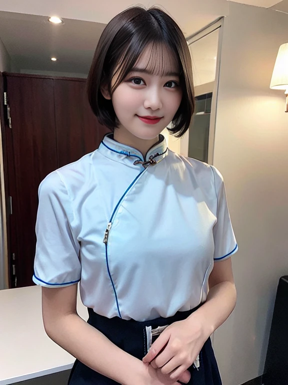 Looking_at_viewer, finely_detailed_skin, best_shadow, 19_years_old_korean, pretty, small_breasts, slim_body, small_hips, (upper_body), (blue_shirt: 1.3), (white_silk_skirt: 1.3), blurred background, airplane interior, flight attendants , Korean Air, fully open collared shirt, depth_of_field, earrings, ground_vehicle, bun, interior, jewelry, lips, lipstick, uniform, blue_Short Sleeve_KoreanAir_Uniform, cabin crew,
