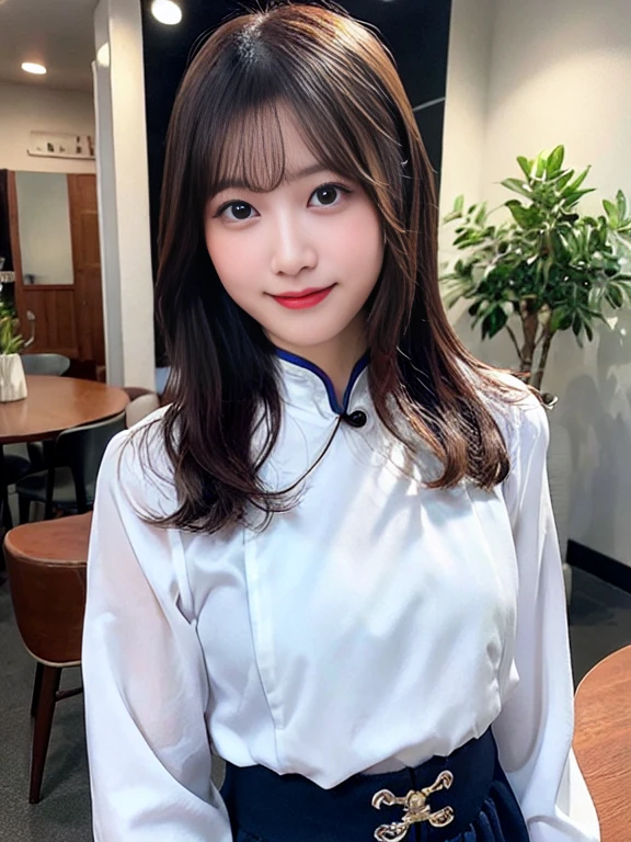 table top, highest quality, 8K, 18-year-old, RAW photo, (cute smile), alone, Cute face like an idol, delicate girl, Full body Esbian, close up of thighs、Digital single-lens reflex camera, looking at the viewer, Frank, Sophisticated,Hide your arms behind your back, professional lighting, film grain, chromatic aberration, (Eye and face details:1.0), (Bokeh:1.1) , (cute baby face、With a round face、Cute cheongsam with a short length、I can see your pants.、Clothes with emphasized chest bulge:1.4)、Navel exposed