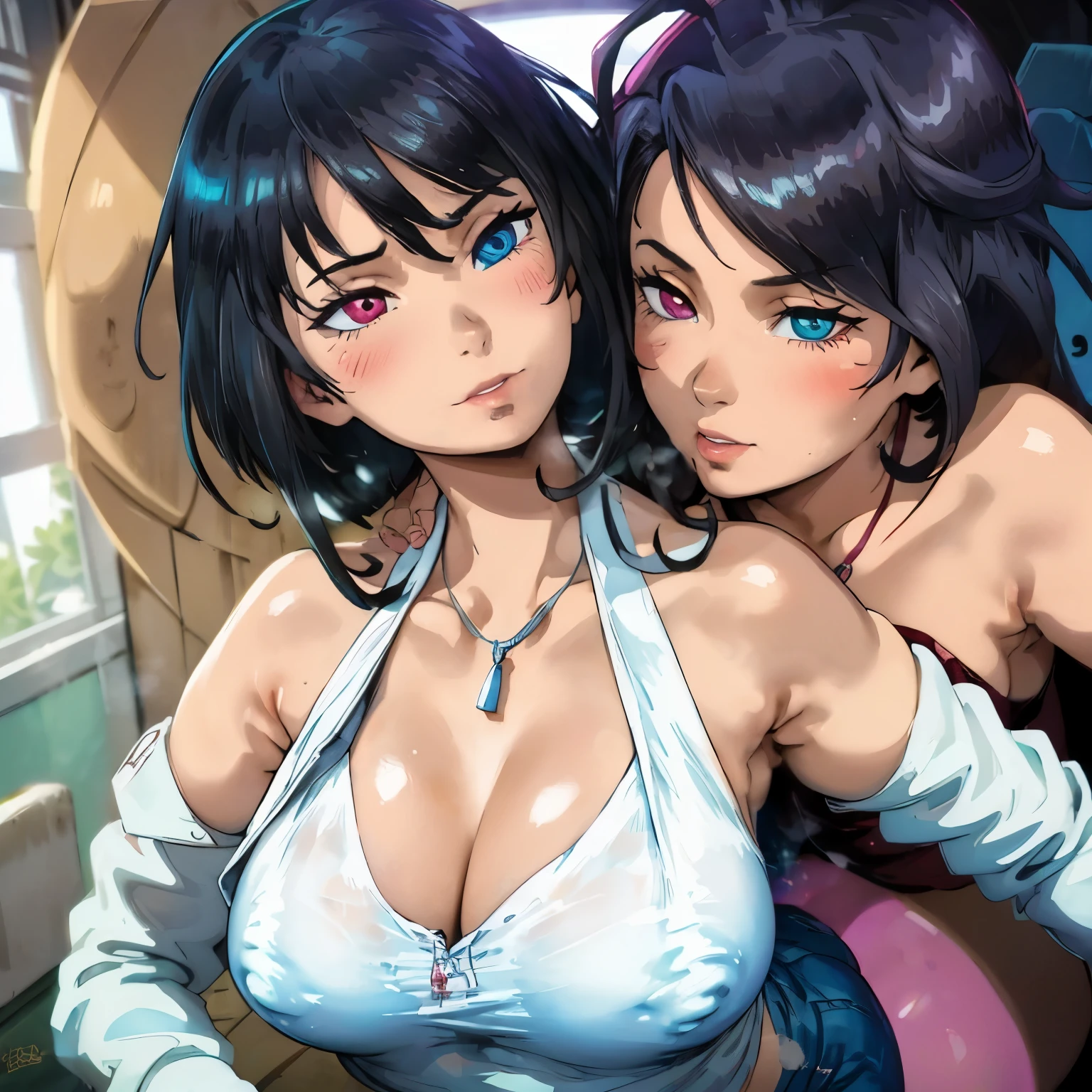 (1girl),beautiful detailed eyes, looking at viewer, close up, (breast focus), white short hair, shy, cat ears, ((glowing blue necklace)), moon in background, (blue and red eyes), thick lips, ((heterochromia)), large breasts,see through halter top