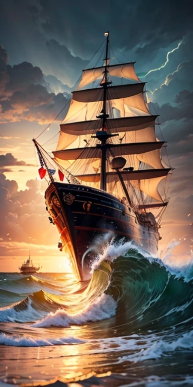View of the turbulent waves of a violent ocean storm., Inside a glass bottle on the beach There was a dramatic thundering sky at dusk in the middle. Nearby is a tall pirate ship with sails., Power outage --automatic 
