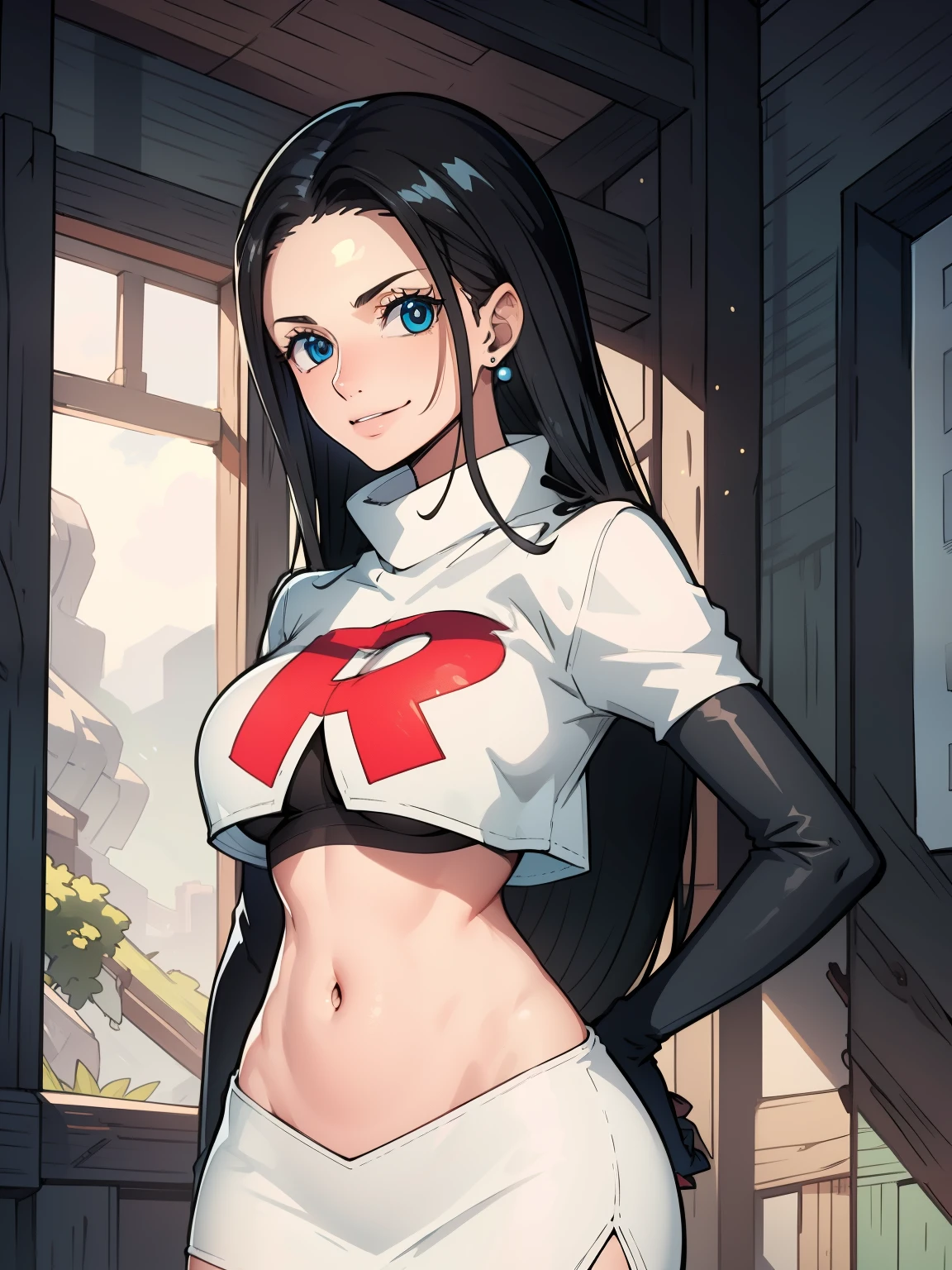 nico robin, long hair, (black hair:1.5), (forehead:1.2), blue eyes ,earrings, glossy lips ,team rocket uniform, red letter R, white skirt,white crop top,black thigh-high boots, black elbow gloves, evil smile, hands on hips