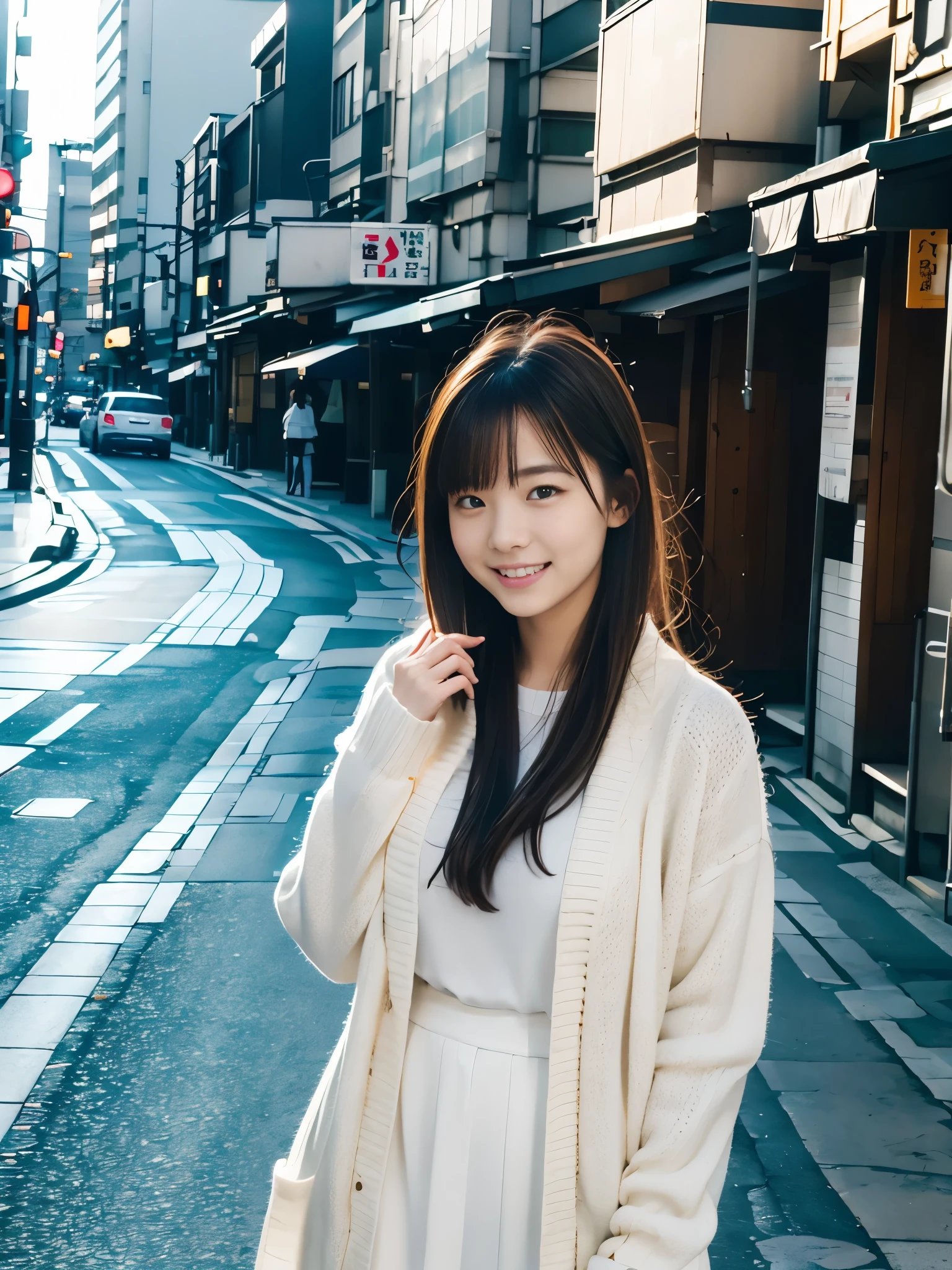 Photoreal, 8K full-length portrait, Beautiful woman, attractive look, Clear system, 16 years old, Tokyo, winter, Shibuya in the background