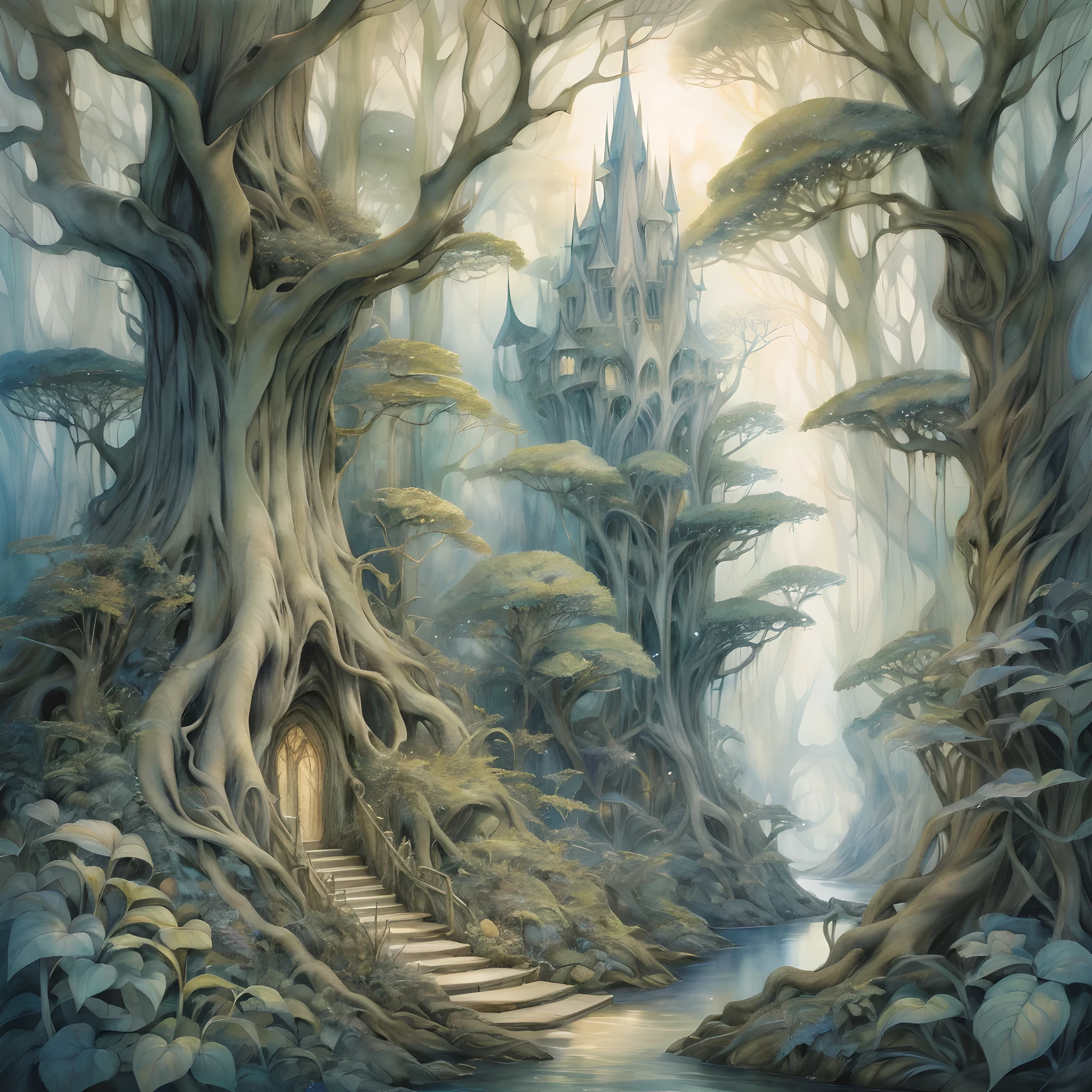 Elven Forest Haven, where slender, silver-haired elves engage in enchanting activities among towering, luminescent trees. Painted in a Watercolor style inspired by the dreamlike works of Brian Froud and Alan Lee, featuring soft color transitions and intricate detailing reminiscent of classic fantasy art.