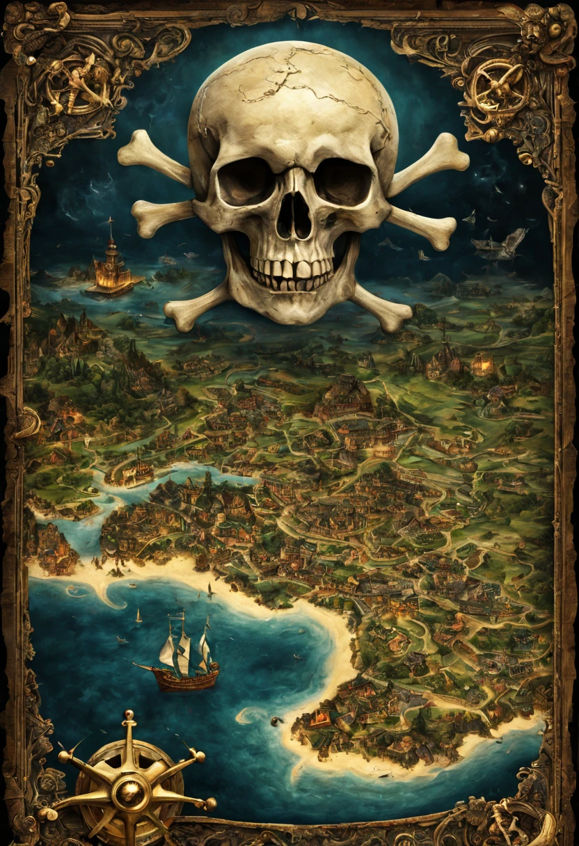 midnight moonlight landscape coming out of an ancient book of maps detailing towns, rivers, roads, dragons and treasure, entire map can be seen, pirate's map, skull and crossbones, hyperdetailed hyper-realistic maximalist epic