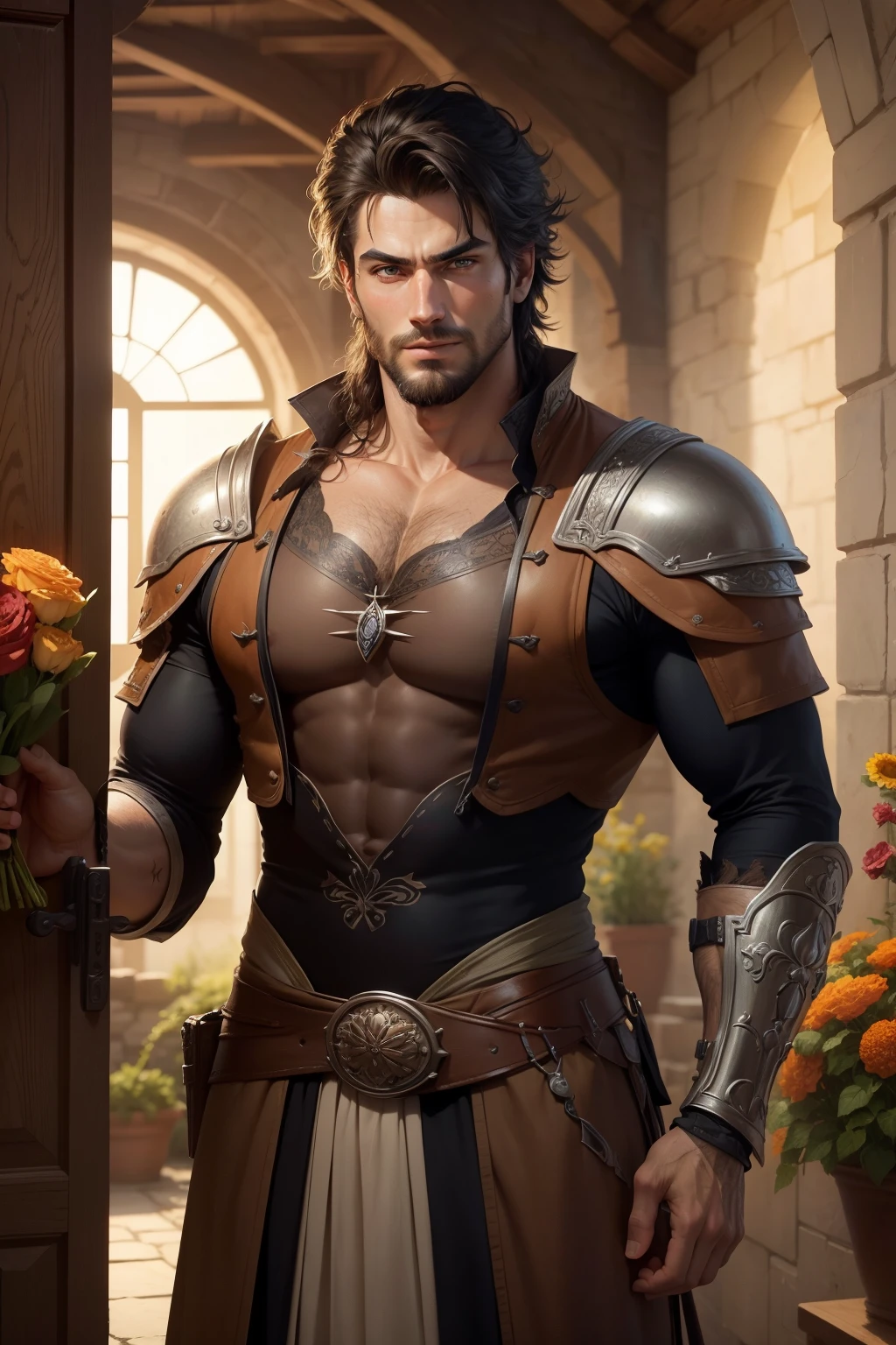 (masterpiece, best quality:1.2), ultra-detailed, detailed face, detailed lips and eyes, realistic,
BREAK FRED barbarian man with black hair, messy hair, slight beard, ferocious expression, strong build, intense gaze, veins bulging on his neck, 32 years old,
BREAK smile, ((flower bouquet)),
BREAK Tall attractive man, elegantly suited, holding bouquet of vibrant flowers, broad smile, medieval fantasy setting, indoors, pub, rich earth tones, well-groomed beard, twinkling eyes, sunlit, busy townsfolk, mix of armor-clad guards and commoners, fluttering oil lamps, soft shadows, detailed cobblestone texture, historic architecture, stone walls, intricate door carvings, lively atmosphere, warmth, inviting color palette.
