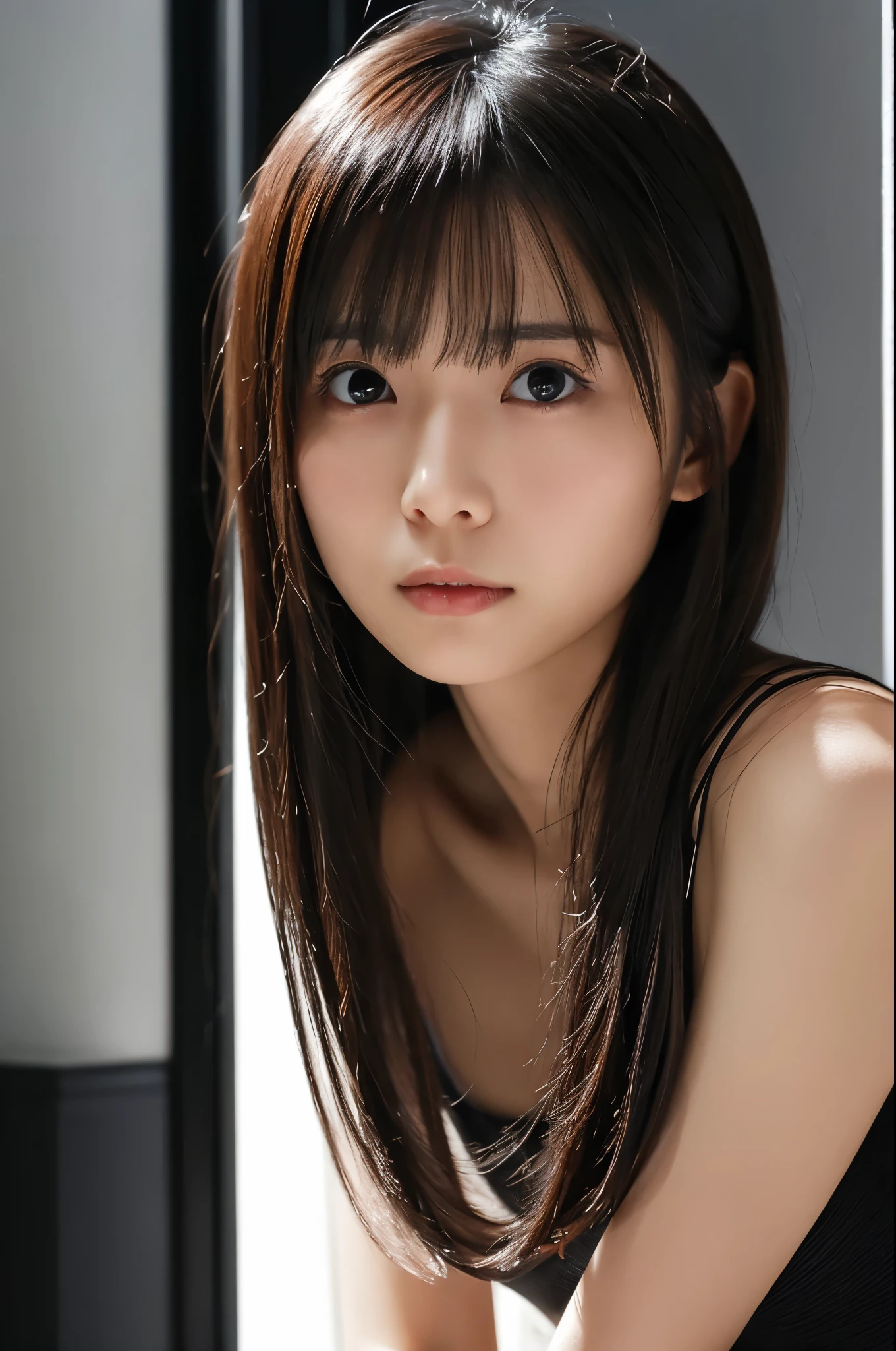 A Japanese lady, skinny figure, small breasts, extremely thin waist, beautiful face, beautiful eyes, natural make up, black long hair, wearing a knit dress, sitting in a dark room, looking longingly at a viewer, 1girl in, solo, detailed face and eyes, Upper-body photo. Realistic, Photorealistic