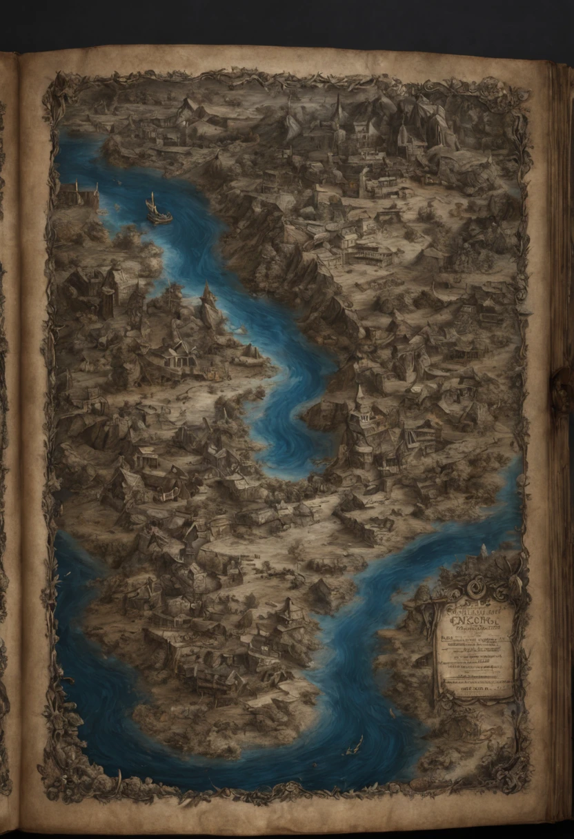 midnight moonlight landscape coming out of an ancient book of maps detailing towns, rivers, roads, dragons and treasure, entire map can be seen, pirate's map, skull and crossbones, hyperdetailed hyper-realistic maximalist epic