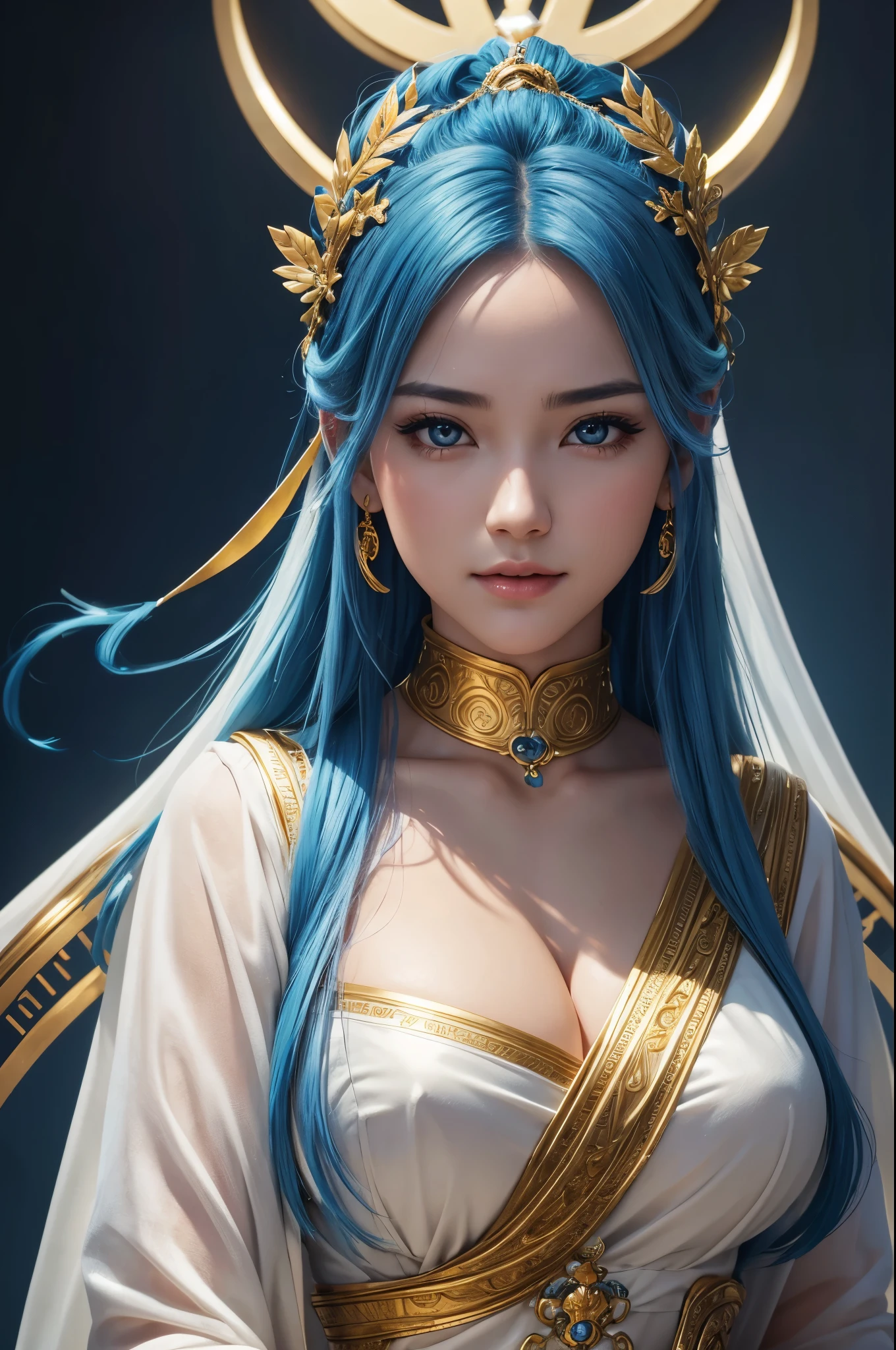 1girll, long whitr hair, Thangka legend, full body pov, grey hair, hime cut, crescent hair ornament, forehead jewel, bead necklace, mole under eye, aqua eyes, crescent earrings, puckered lips, Neoclassicism, cinematic lighting, sparkle, motion blur, 360 view, satellite image, panorama, move chart, masterpiece, UHD, textured skin, high details, award winning, highres, best quality, 8k