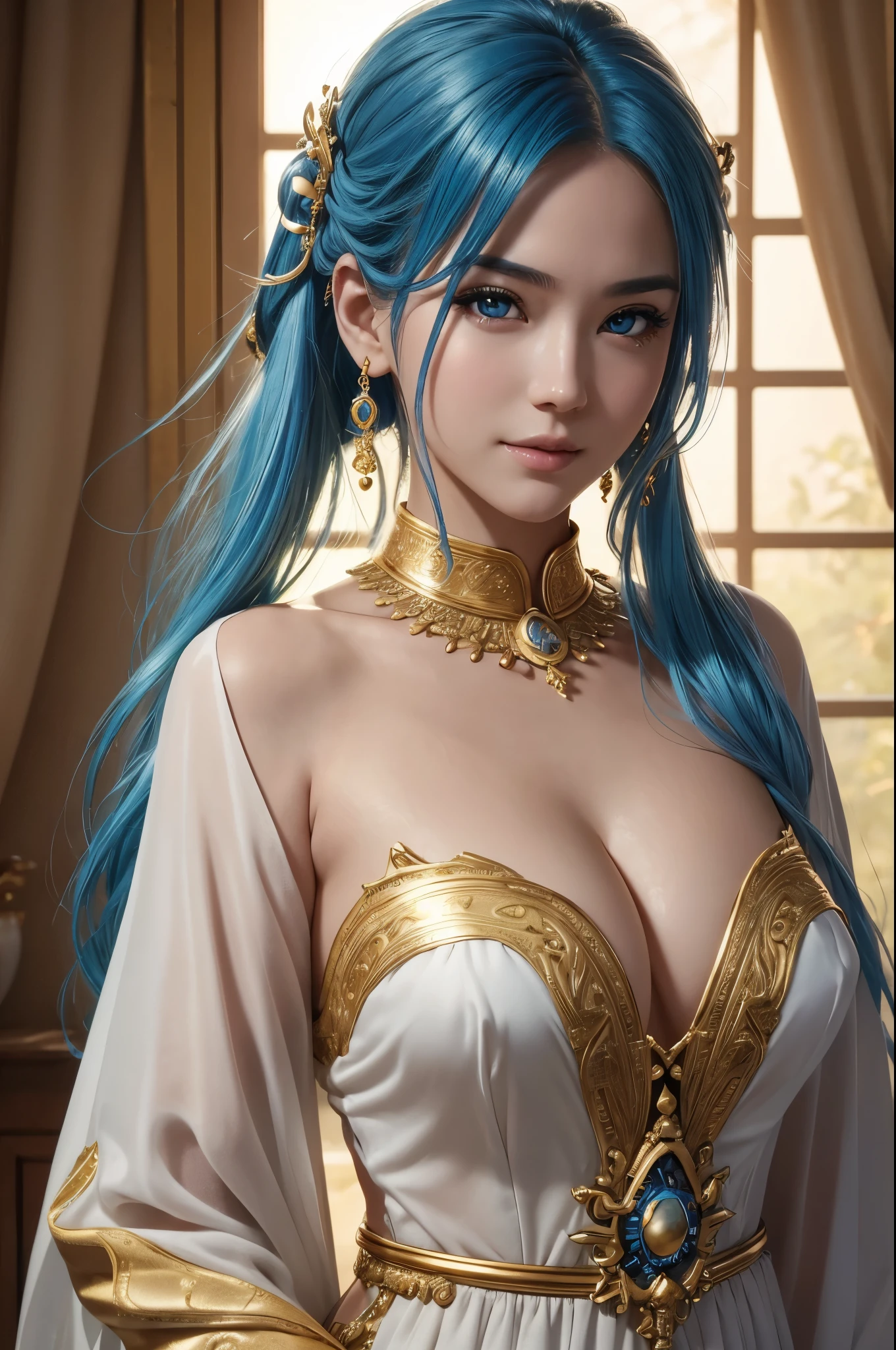 8K、Photorealistic RAW photos of the highest quality。1.4)(大peopleの女性<>people) 超美people(lifelike face) Mature goddess with blue mohawk、ethereal、welcome、big and full breasts、Bright colors、青と白のsexyな女神コスチューム,white greek peplos、golden hair、perfect woman image、laughter、Trending at Art Station、masterpiece、8K resolution、fantasy art、Super high resolution,skin that looks real,golden decoration,golden eyes,Mr.々pose,Charm,sexy,rich colors, Backlight, cinematic lighting, film grain, born, 50mm lens, Nikon D850,realistic skin,beautiful blue hair,