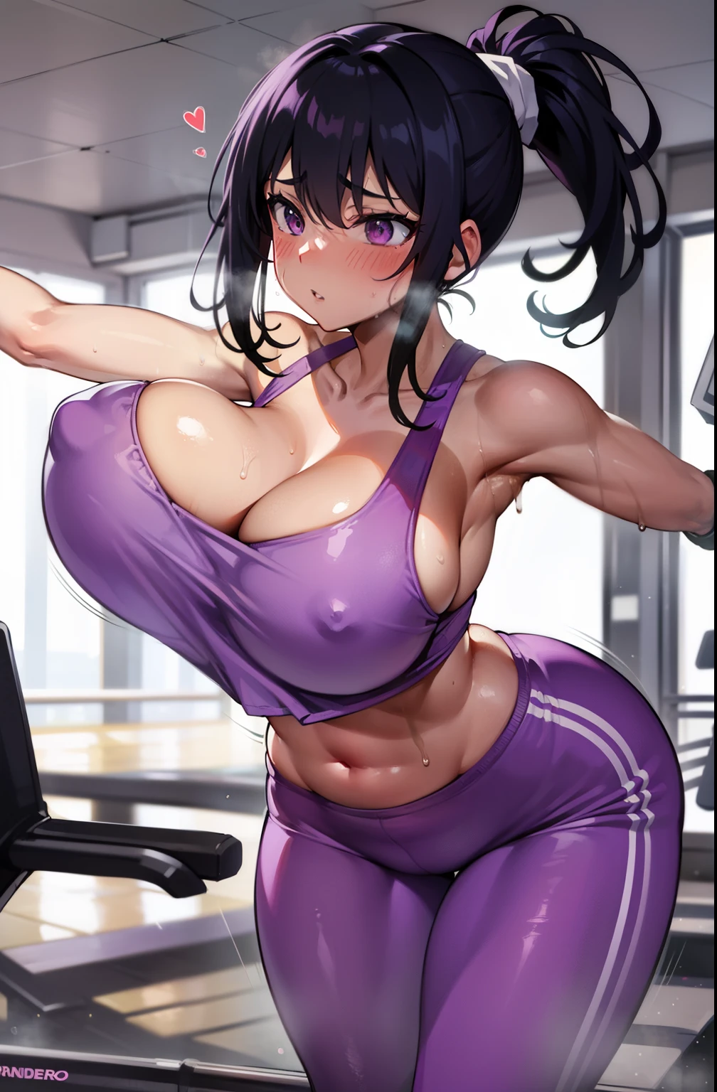 gym, workout, hot, sweating, sweaty, tan, big , tan skin, flustered, blush, purple clothes, see thru, yoga pants, black hair, soaked, wet, naked , cleavage, running, running on treadmill, girl running on treadmill, in pain, painfull, running, sprintimg, running, curvy, purple yogapants, purple pants, ponytail, , bouncy breasts, curvy woman, abare, naked breasts , naked , milf, sexy older woman,abare, bouncing breasts, motion blur, large breasts, motion lines