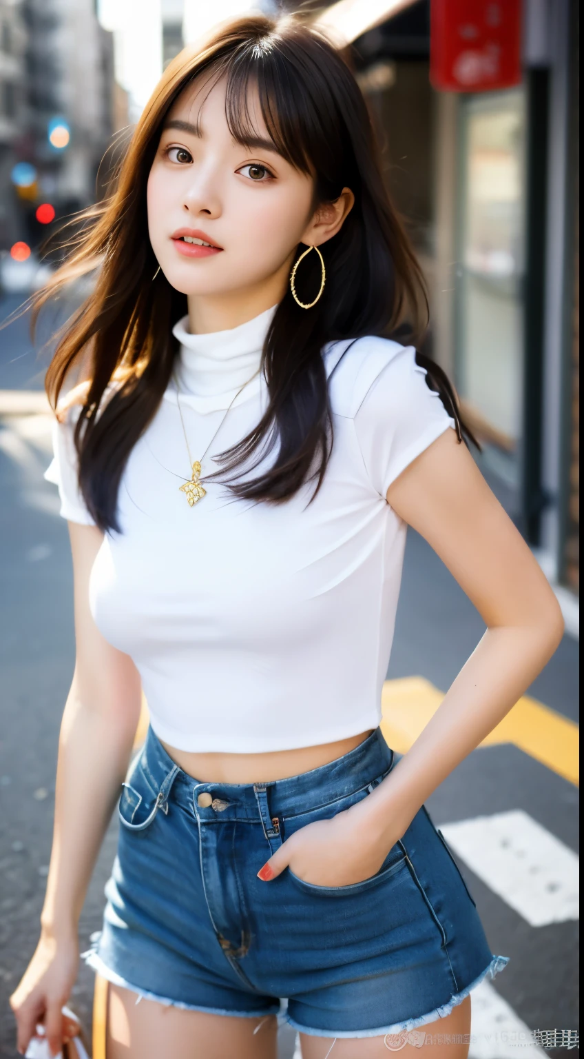  Beautiful japanese girl college student，masterpiece，Light makeup，black hair，messy long hair，street background，beautiful，grace。Super fine detail，work，Authentic texture，Realistic movie lighting，完美的work，8k，HD，Exquisite facial features，White skinny turtleneck top，White skinny shorts，slim figure，big bright eyes，，earring，necklace