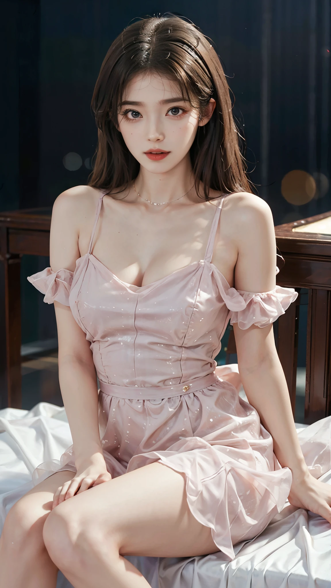 dress,  iu1, (knee shot), (Slim body, long legs, sexy legs), (original photo, Bestquality), (realistic, photo of-realistic:1.3 pcs), Bestquality, Extremely Detailed, a masterpiece、, Hyper-Detailed, illustration、, 1 a girl, (huge ，cleavage), dynamic angle, world mastery theater, cluttered_long_hair,Bestquality, extremely detailed CG unity 8k壁纸，ink，astonishing，movie lights，Lens_flare