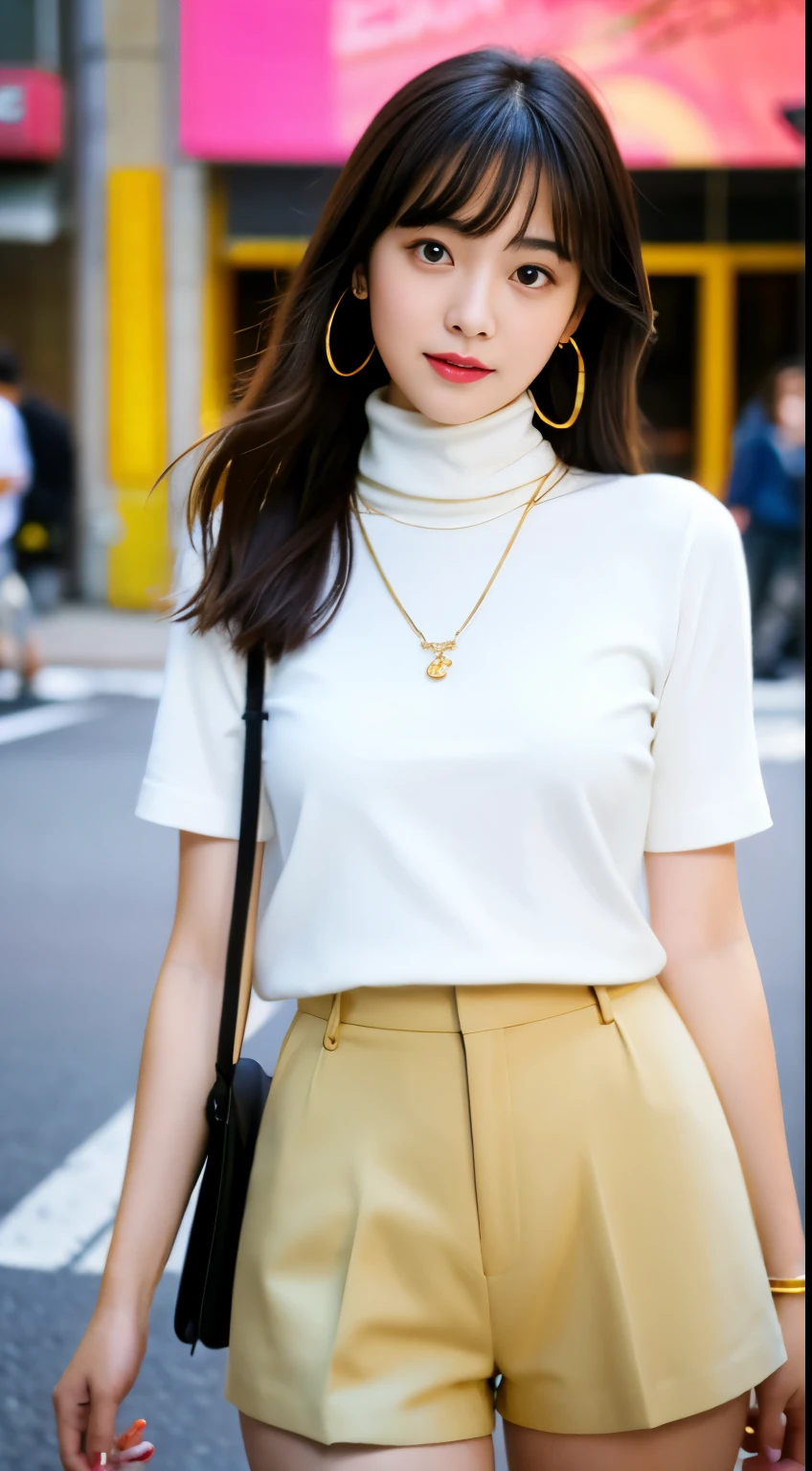 Beautiful japanese girl college student,masterpiece,Light makeup,black hair,messy long hair,street background,beautiful,grace。Super fine detail,work,Authentic texture,Realistic movie lighting,完美的work,8k,HD,Exquisite facial features,White skinny turtleneck top,White skinny shorts,slim figure,big bright eyes,,earring,necklace