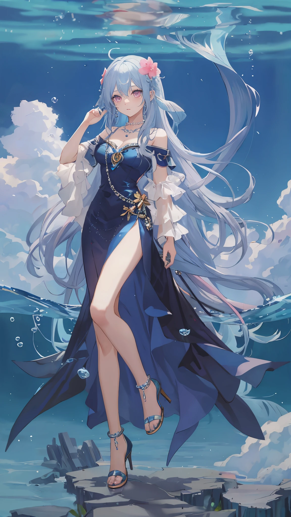 海long blue hair,close up,dream world,Kneeling girl, 海long blue hair,Nice pink eyes,underwater,tear nevus,Mermaid ears,(pearl head chain,necklace),necklace,Long off-the-shoulder blue dress,humanoid, Poseidon temple background, her skin is white, fair complexion,pink eyes,long blue hair, High heel,A sole,black legs,tattoo