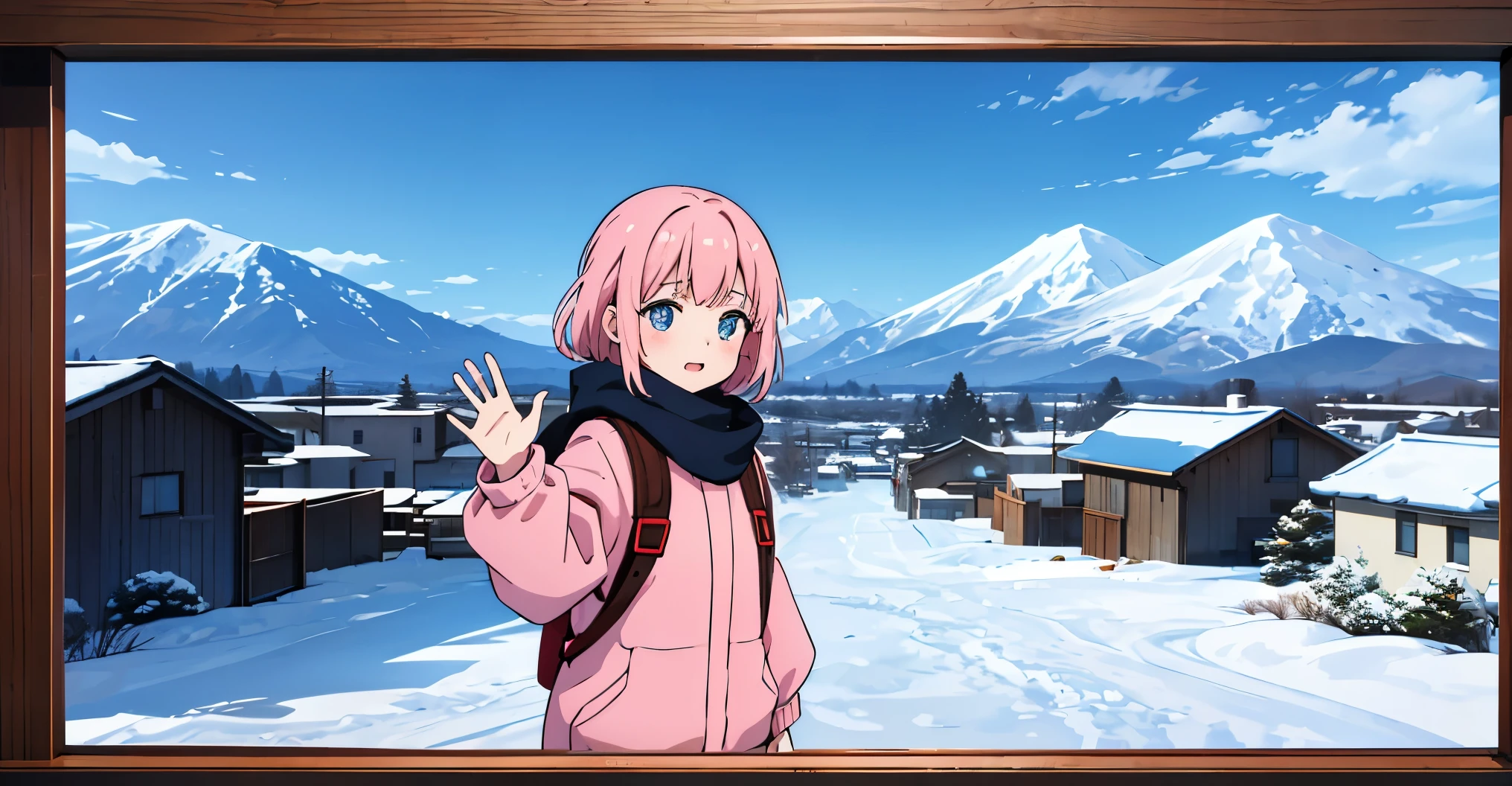 An illustration of a young girl waving her hand against the backdrop of a rural town at dusk in winter. The girl is wearing a cozy pink jacket and blue scarf, and has an energetic expression as she waves. Her hair is short and black, secured with a small pink hair clip. In the foreground, her red school backpack is placed, while the background features houses and mountains covered in snow, silhouetted against an orange and blue sky. The style of the illustration is influenced by Japanese anime.