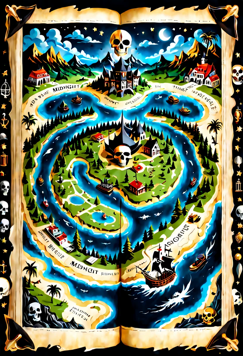 midnight moonlight landscape coming out of an ancient book of maps detailing towns, rivers, roads, dragons and treasure, entire map can be seen, pirate's map, skull and crossbones, hyperdetailed hyper-realistic maximalist epic