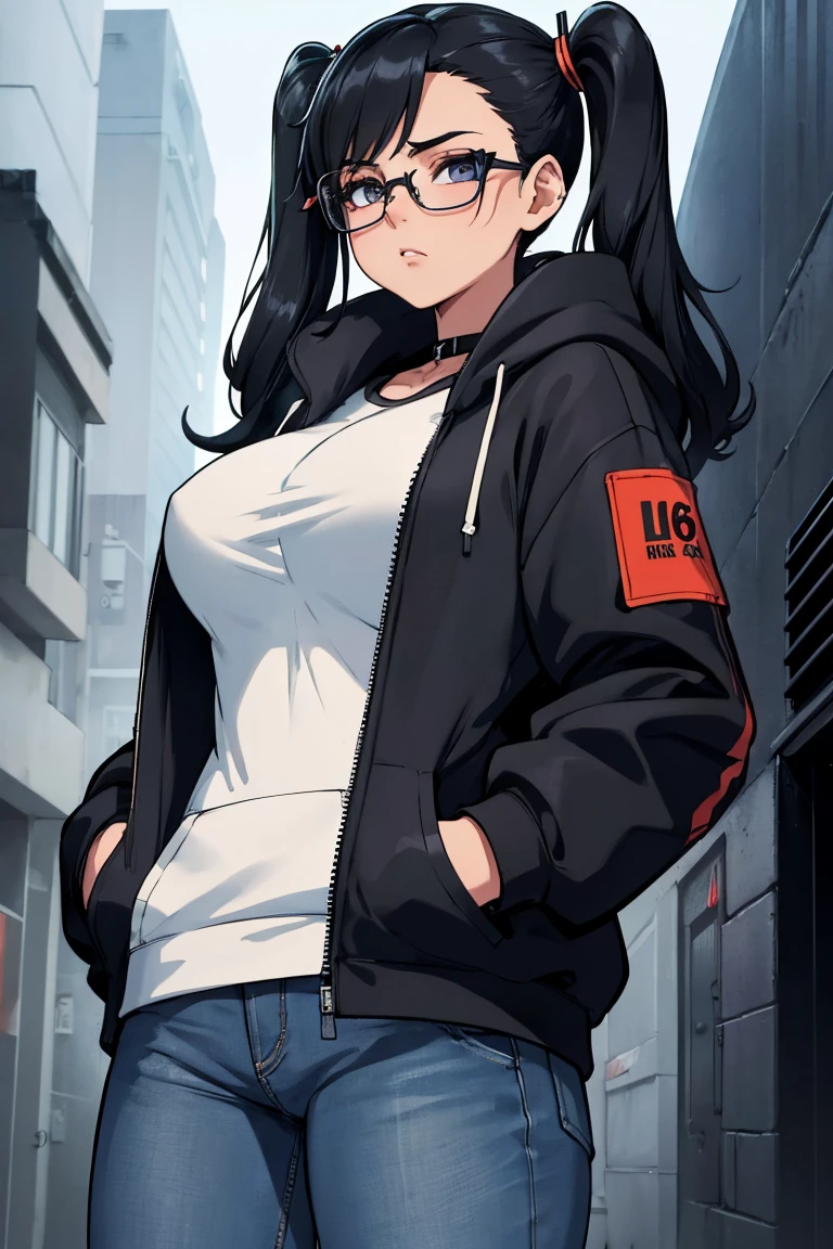 ((Image setting: masterpiece, best quality, aspect ratio 16:9, resolution 8k, ultra-detailed)) 1 girl, age 25, radiant complexion, black twintail hair, a strong and adorable girl with piercing black eyes that carried an aura of melancholy, adorned with eyeglass accessories boasting sleek black frames, attired in a stylish black streetwear hoodie that hugged her slender frame, paired with the perfect fit of blue jeans. Her hands were nestled comfortably in the pockets of her jacket. The large breasts subtly accentuated her feminine form. Positioned against the backdrop of an outdoor