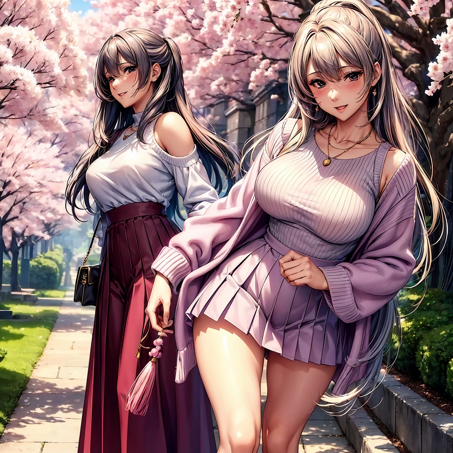 (((highest quality,masterpiece,very high resolution,Super high quality,perfect pixel))), (((Exquisite beauty:1 person,perfect body,Beautiful face is detailed, blush、cute face、beautiful outline、smile, open your mouth))),((long hair, neat bangs, beautiful hair texture)),((Beautiful slit eyes,beautiful eyes,strong-willed eyes, beautiful eyelashes, realistic eyes)), ((beautiful breasts,beautiful feet)),((sweater:color and pattern,pleated skirt:pattern and color, 1 diamond necklace,Clothing that exposes the shoulders,Clothing that exposes the thighs,Excellent fashion sense)),(realistic skin texture,realistic texture:,RAW photo,Anime CG style, Bright colors), (standing posture,dynamic angle,dynamic pose, model shoot), (garden,Cherry blossom tree-lined path, Cherry tree, Cherry blossoms fall,the wind is blowing),beautiful anime woman, beautiful art style, anime character、Overall image、detailed images、accurate anatomy、Image without defects、natural soft light、beautiful images、非常にdetailed images、(Best Shot 1.5)