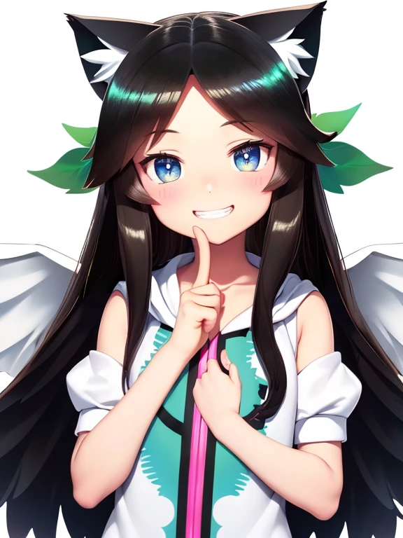 (hyper super ultra detailed perfect piece:1.2),(extremely detailed CG 8k), (harmonious finger proportions:1.3), an extremely cute girl, painting, pop art, (anime, anime coloring), mesugaki, young cheeky girl, mischievous expression, confident smile, grin, (white oversize parker, white hood with cat ears, white cat costume:1.3), white-cat costume, bottomless, on bed, highlights in eyes, BREAK (Utsuho Reiuji:1.4), (long hair:1.3), (black hair, tsurime), (toddler), (flat chest:1.4), (solo:1.3), (1 girl:1.3), (iridescent eyes:1.3), (perfect anatomy:1.2)