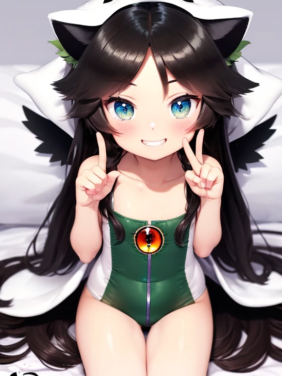 (peace table, highest quality:1.2), cowboy shot, alone, 1 girl, reiuji utsuho, Third Eye, smile, looking at the viewer, put your hands on your hips, hair ribbon, micro bikini, (tiny chest:1.4),wing