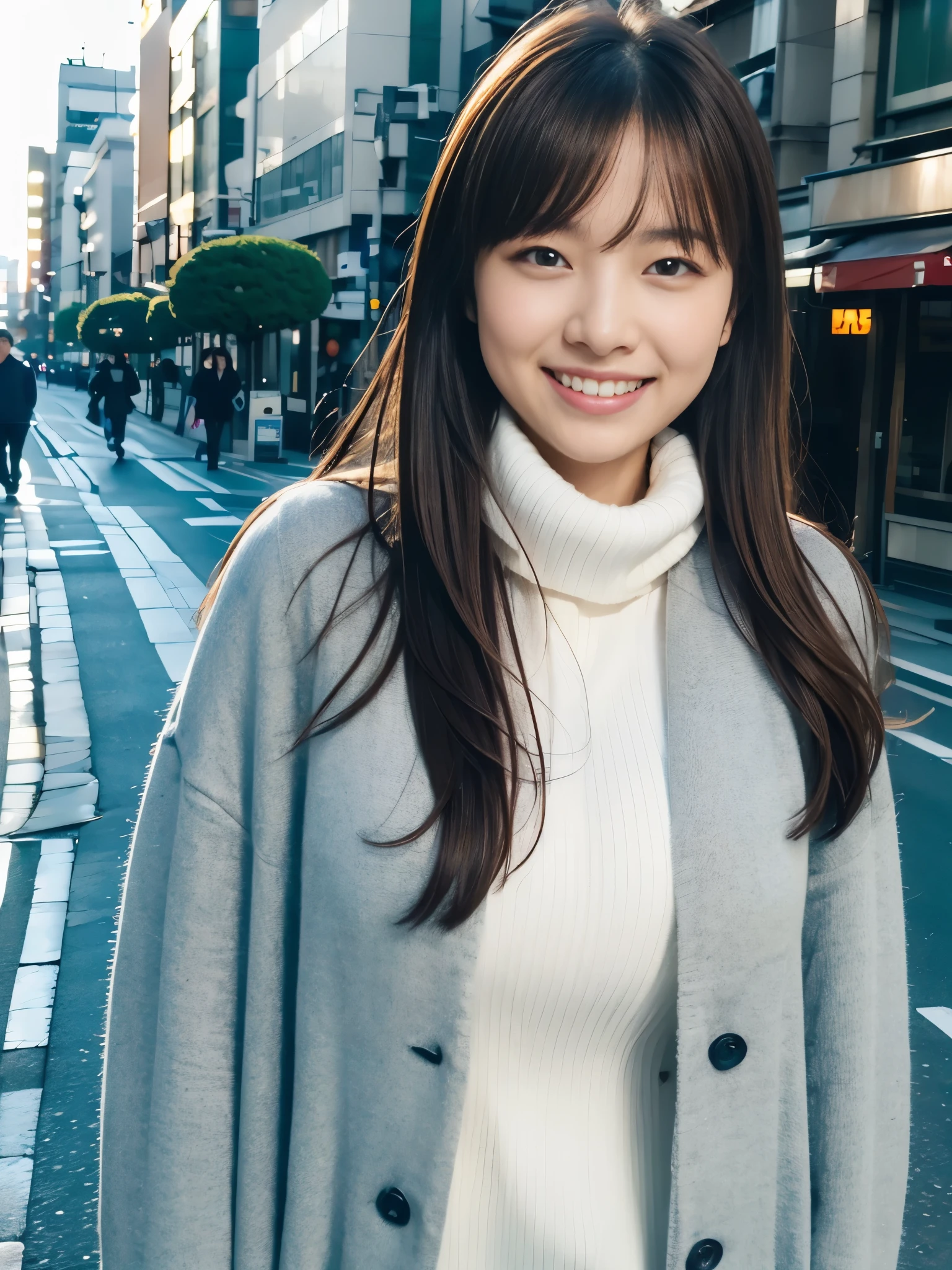 Photoreal, 8K full-length portrait, Beautiful woman, attractive look, Clear system, 16 years old, Tokyo, winter, Shibuya in the background