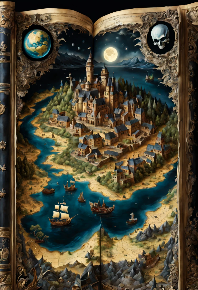 midnight moonlight landscape coming out of an ancient book of maps detailing towns, rivers, roads, dragons and treasure, entire map can be seen, pirate's map, skull and crossbones, hyperdetailed hyper-realistic maximalist epic