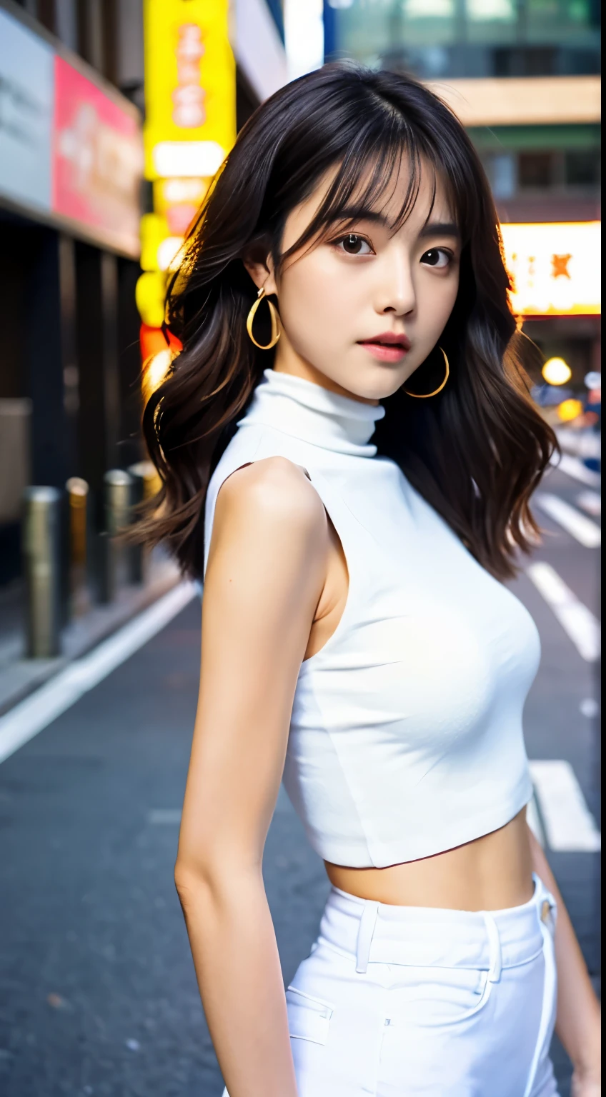 Beautiful japanese girl college student,masterpiece,Light makeup,black hair,messy long hair,street background,beautiful,grace。Super fine detail,work,Authentic texture,Realistic movie lighting,完美的work,8k,HD,Exquisite facial features,White skinny turtleneck top,White skinny shorts,slim figure,big bright eyes,,earring,necklace