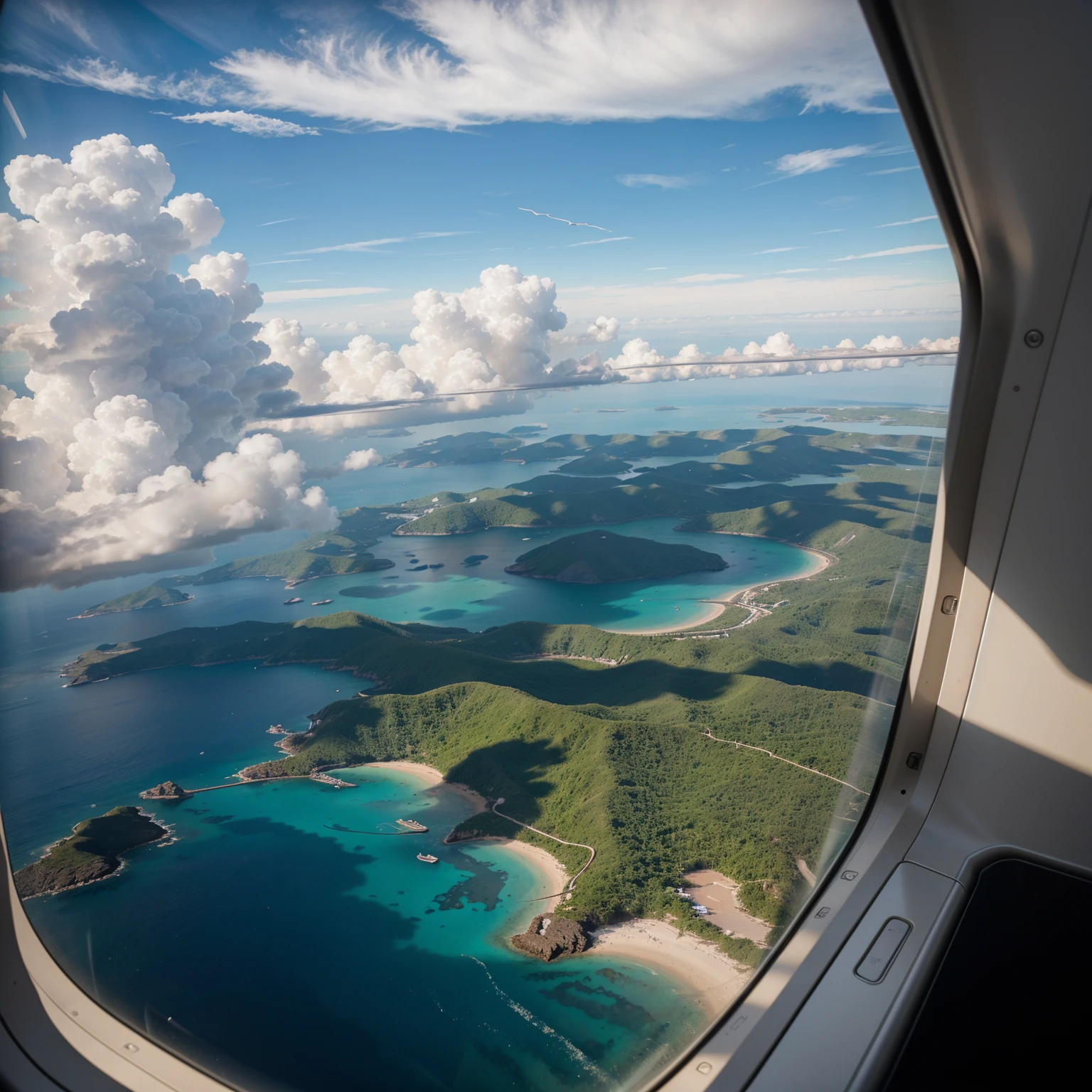 sony a7iii, raw, 4000×6000. Photo of the sky from the plane window, part of the wing is visible through the window, ocean, clouds. The plane flies over Zanzibar