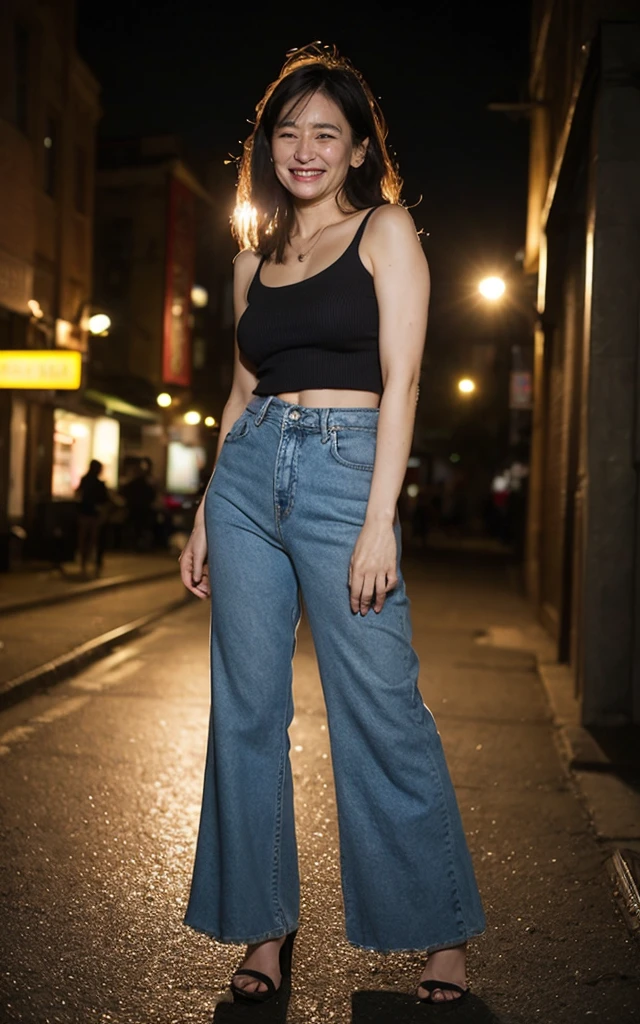 masterpiece, best quality, 16K, city, old woman, happy, smiling, standing, looking at viewer, front view, long hair, wave hair, black hair, eyes open, (large breasts:1.28), (wrinkles corners eyes:1.38), (nasolabial:1.38), (old skin:1.38), wrinkles skin, freckled skin, pale skin, (old muscles:1.2), slender, (black knit cold shoulder top), (blue bell-bottoms), (high-heels), piercing, necklace, freckles, chubby, elderly, old, japanese, outside, in the city, at night, nsfw, full body shot, from front