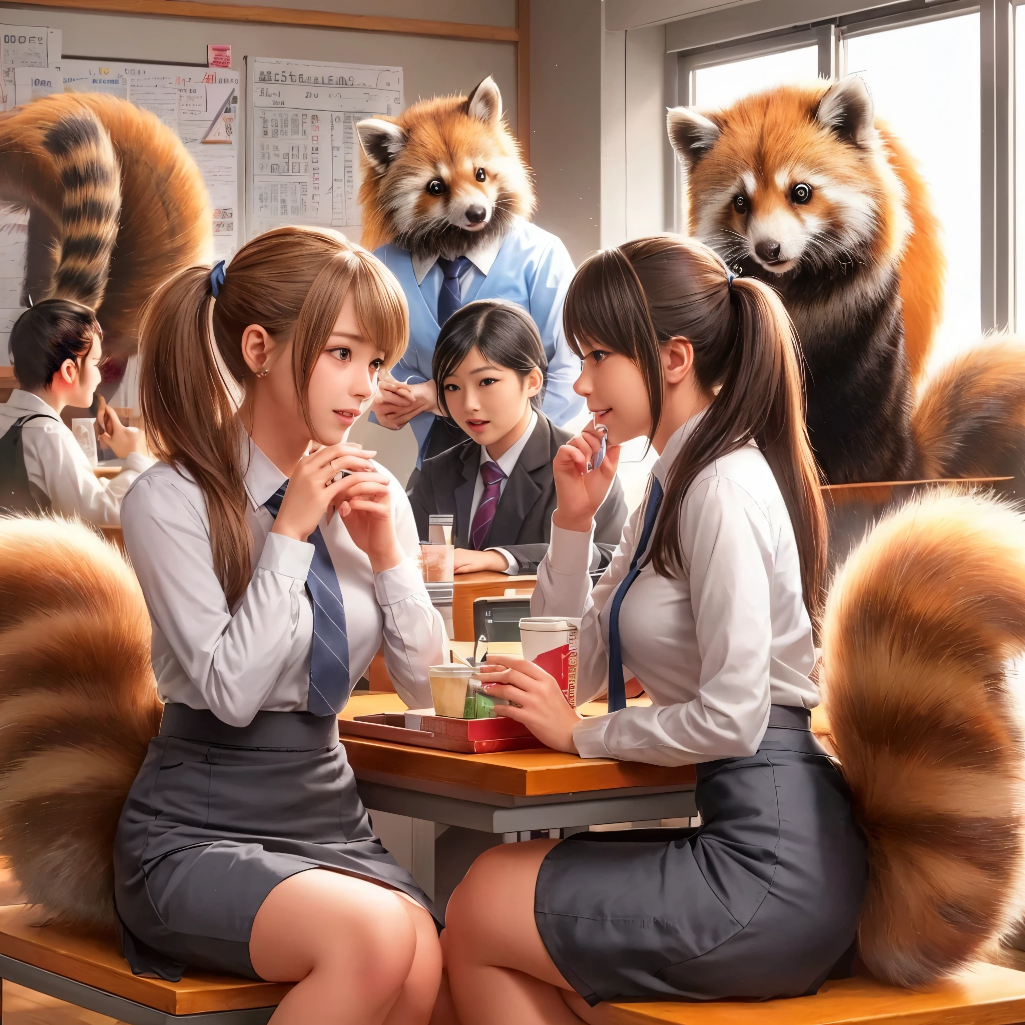  women with tanuki tails, (software) safe for work, fur with tail, software version, coworkers, realistic style, , realistic style , two beautiful girls, photograph, 最high quality, (Her skirt is flipped up and her tail is visible.:1.8) ,Reality, small breasts, slender, white panties,tail from above panties, Tail from inside the skirt, bushy tail, realistic tail, flat chest, (software) safe for work, nffsw, retina, muste piece, Accurate, anatomically correct, super detail, advanced details, high quality, 最high quality, High resolution, 1080p, 4k, 8K, The tail is sticking out from inside the skirt, long tail, A sloppy smile
