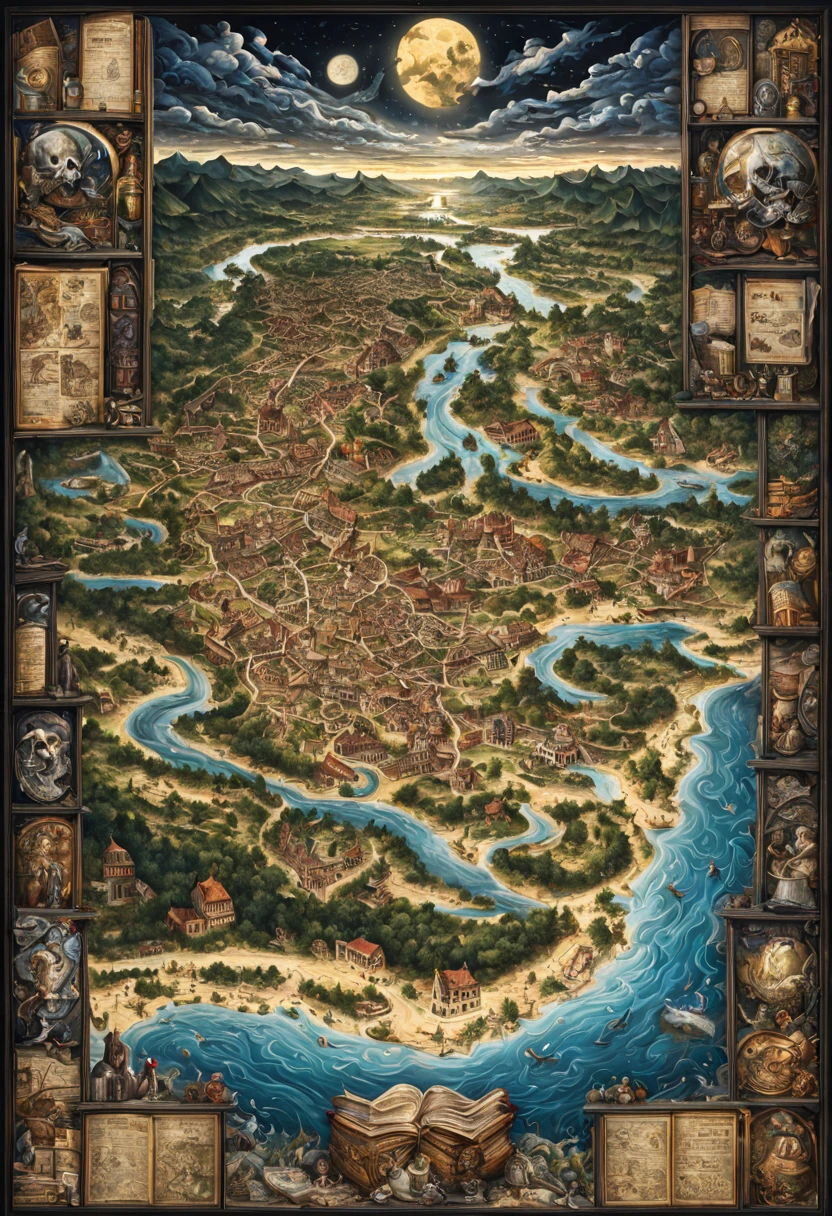 midnight moonlight landscape coming out of an ancient book of maps detailing towns, rivers, roads, dragons and treasure, entire map can be seen, pirate's map, skull and crossbones, hyperdetailed hyper-realistic maximalist epic