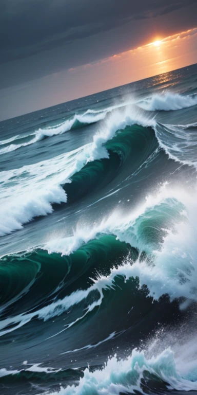 View of the turbulent waves of a violent ocean storm., There was a dramatic thundering sky at dusk in the middle.