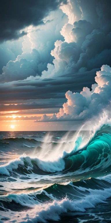 View of the turbulent waves of a violent ocean storm., There was a dramatic thundering sky at dusk in the middle.