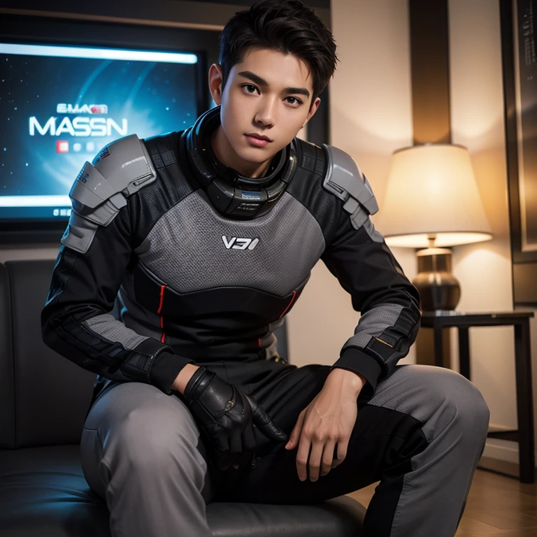 fking_scifi, black pilot suit with red accents, brown hair (gray eyes: 1.35), Thai guy, handsome ager, sitdown on man 1 more, bokeh, mass effect, long distance, fullbody image fking_cinema_v2
