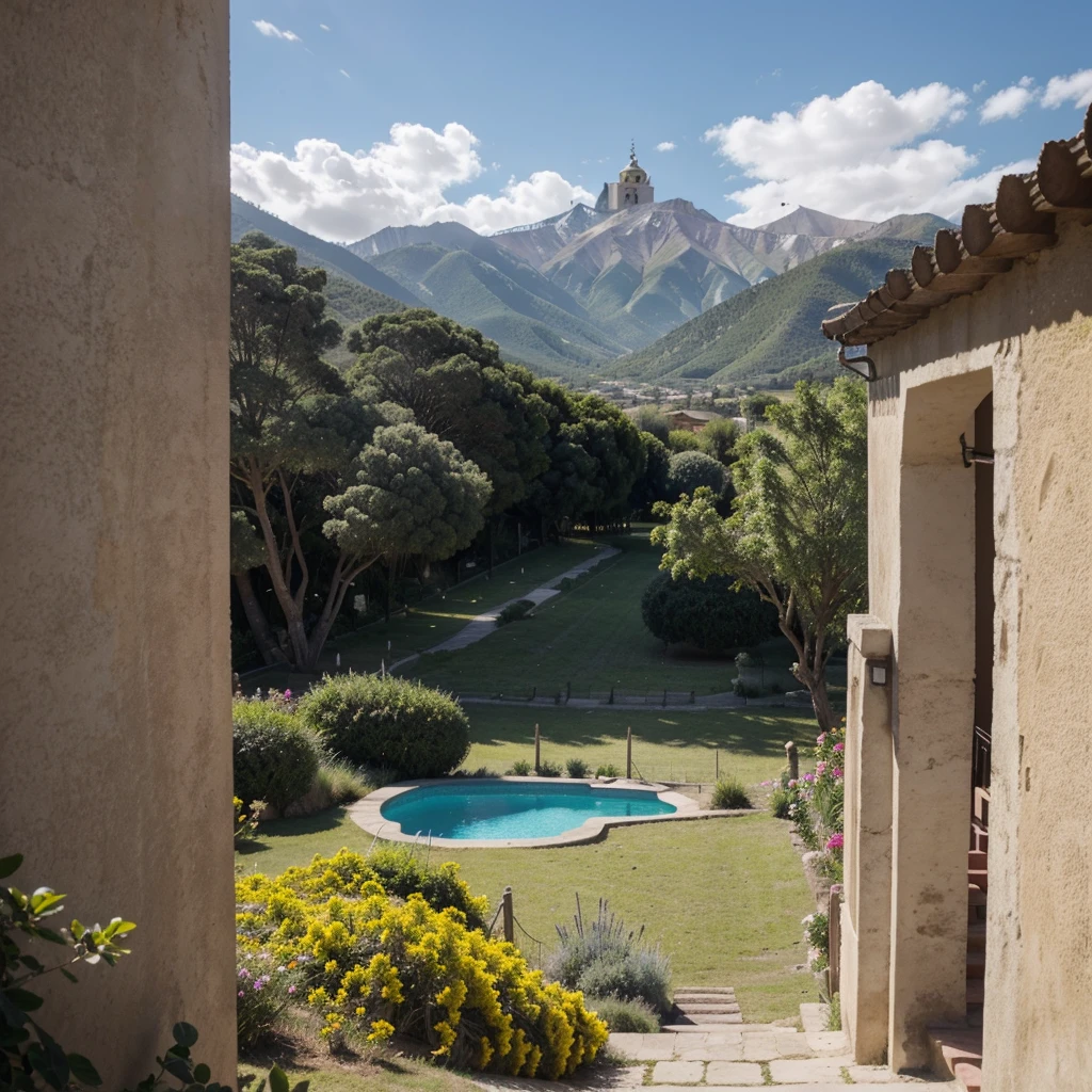 Photography, hiperrealismo, ultra detallado, Maximum quality, 8K resolution, mountain scape, pueblo precioso lleno de casas, flores de colores, a tall catholic church with a bell tower, muchos arboles, jardines, snow mountains, cielo azul limpio, verano, luz suave y brillante, no hay gente, rosales, belleza, 