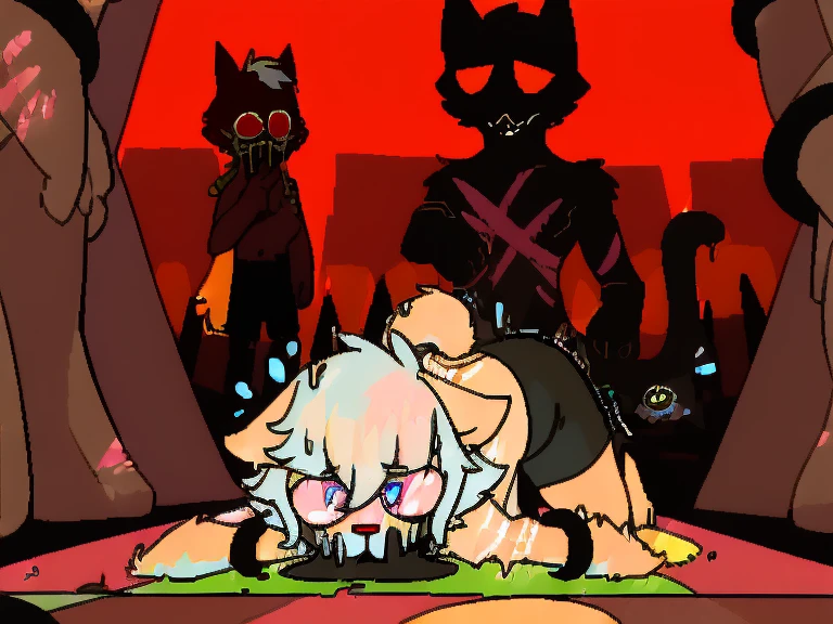 (4K,8k,best quality,meticulous details,DeliCate light,DeliCate short hair)Cat,white hair,clown,There'a bit strange,black shorts,Big blue striped tail,Shota,Covered with scars,Pink collar,crazy,in a subway station,Red filter,Fallen,Black tentacles,Kneel on the ground,Vomit
