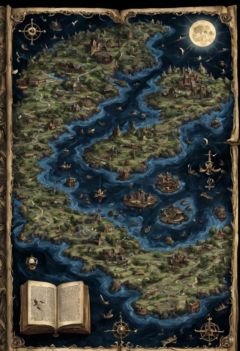 midnight moonlight landscape coming out of an ancient book of maps detailing towns, rivers, roads, dragons and treasure, entire map can be seen, pirate's map, skull and crossbones, hyperdetailed hyper-realistic maximalist epic