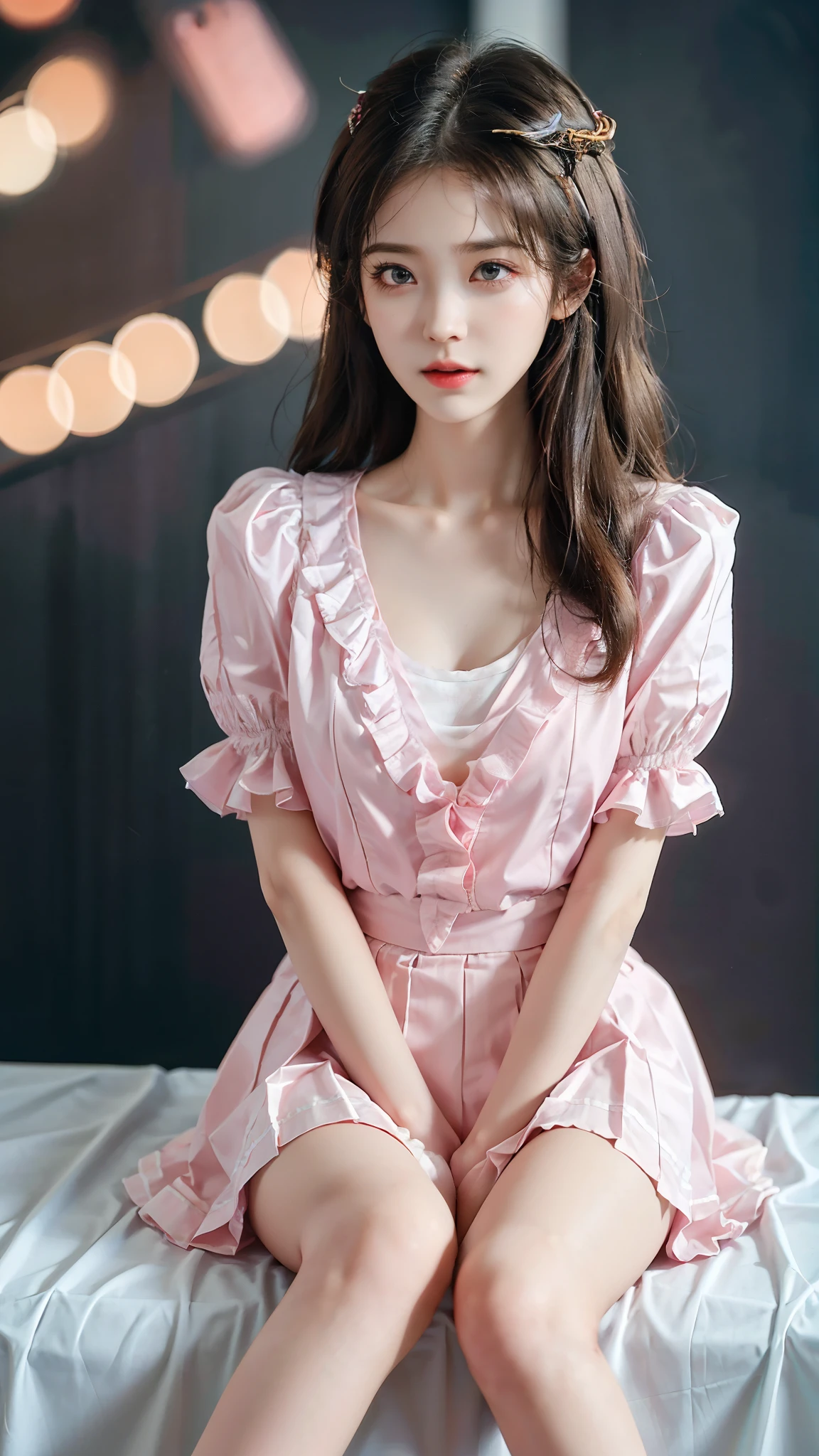 pleated skirt,pink skirt,pink sailor collar, iu1, (knee shot), (Slim body, long legs, sexy legs), (original photo, Bestquality), (realistic, photo of-realistic:1.3 pcs), Bestquality, Extremely Detailed, a masterpiece、, Hyper-Detailed, illustration、, 1 a girl, (huge ,cleavage), dynamic angle, world mastery theater, cluttered_long_hair,Bestquality, extremely detailed CG unity 8k壁纸,ink,astonishing,movie lights,Lens_flare