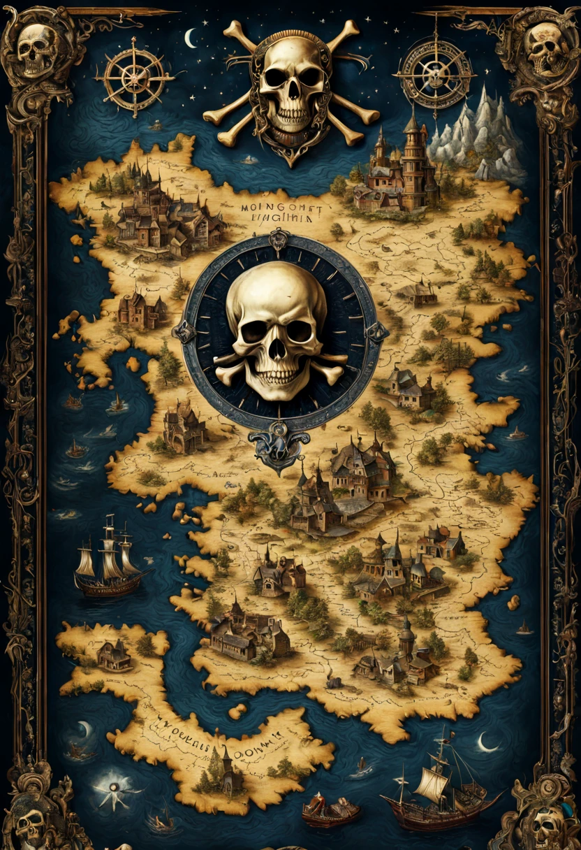 midnight moonlight landscape coming out of an ancient book of maps detailing towns, rivers, roads, dragons and treasure, entire map can be seen, pirate's map, skull and crossbones, hyperdetailed hyper-realistic maximalist epic