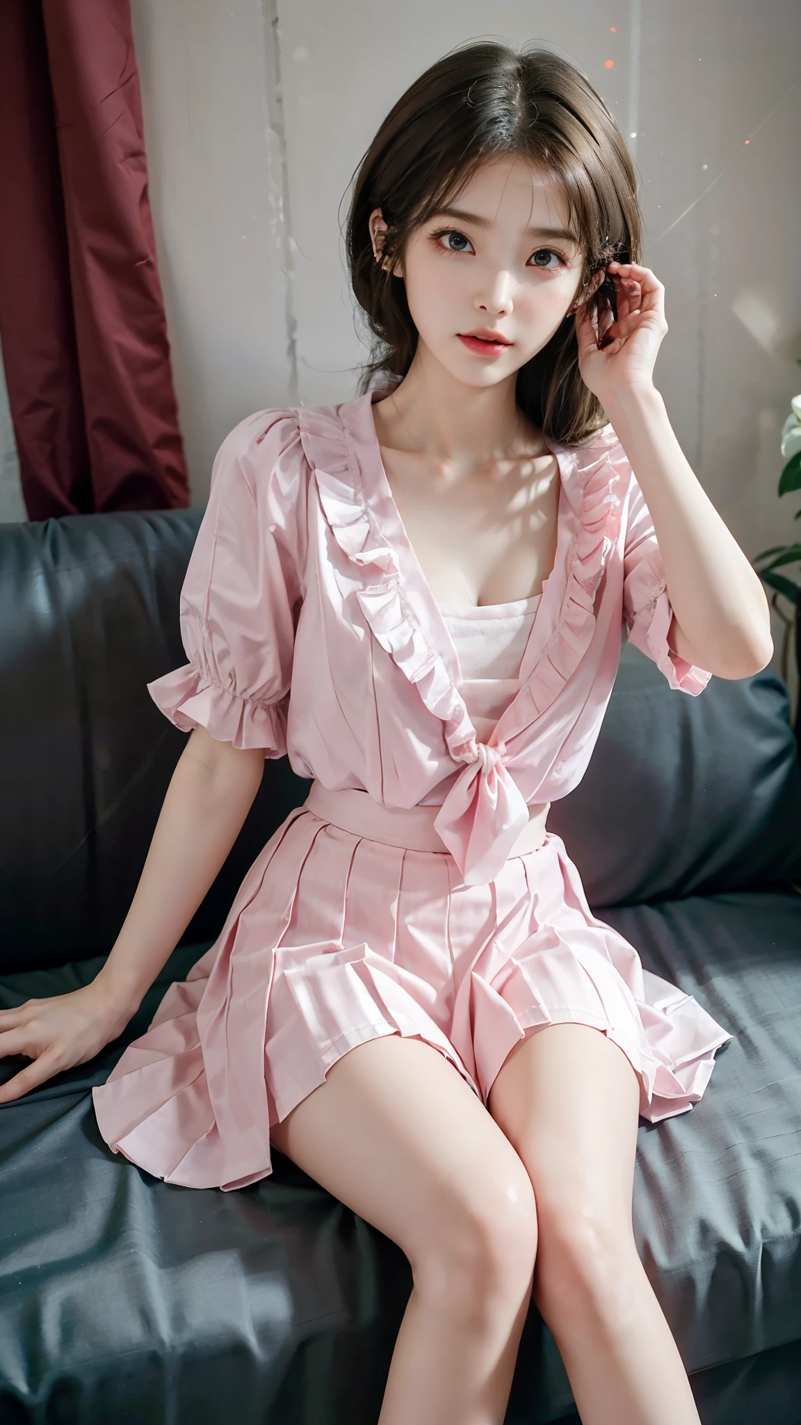 pleated skirt,pink skirt,pink sailor collar,  iu1, (knee shot), (Slim body, long legs, sexy legs), (original photo, Bestquality), (realistic, photo of-realistic:1.3 pcs), Bestquality, Extremely Detailed, a masterpiece、, Hyper-Detailed, illustration、, 1 a girl, (huge ，cleavage), dynamic angle, world mastery theater, cluttered_long_hair,Bestquality, extremely detailed CG unity 8k壁纸，ink，astonishing，movie lights，Lens_flare