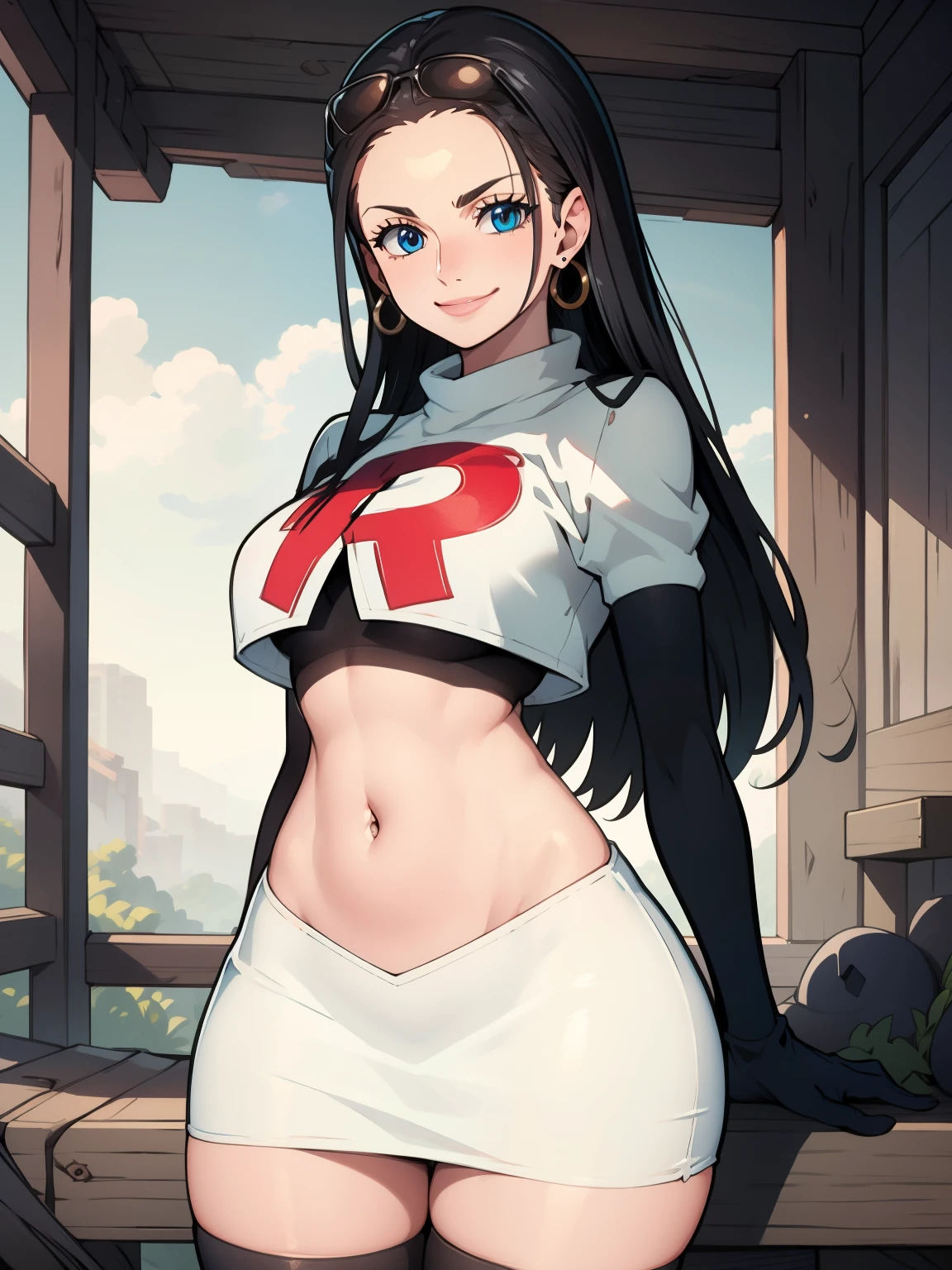 nico robin, long hair, (black hair:1.5), (forehead:1.2), blue eyes ,earrings, glossy lips ,team rocket uniform, red letter R, white skirt,white crop top,black thigh-high boots, black elbow gloves, evil smile, sexy poses