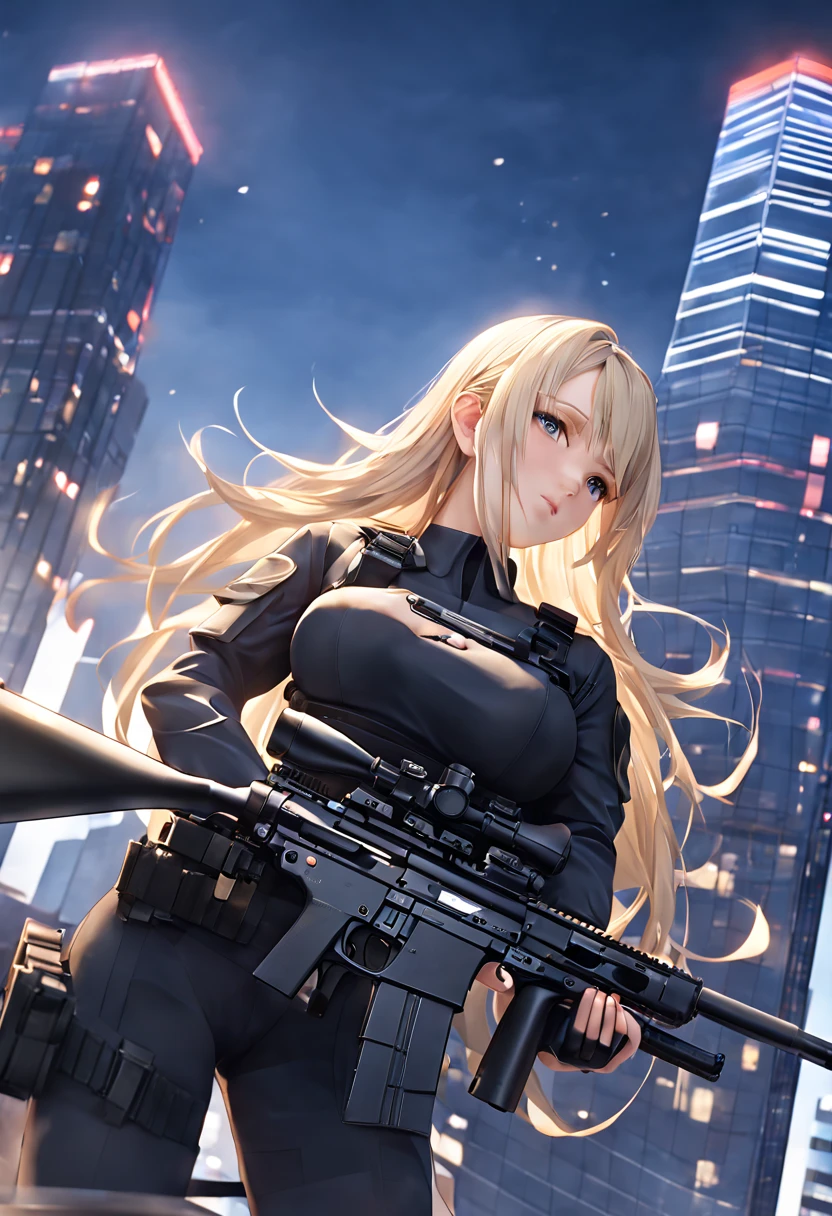 (Trained female soldiers)、((Aim and fire your rifle:1.4、Sniper stance:1.2、guns、h&K HK416))、1 Women、thick body、(Black combat uniform)、(platinum-blonde-hair:1.2)、((超A high resolution))、Detail Write、masterpiece、top-quality、extremely details CG、8K picture quality、Cinematographic lighting、lensflare、((Skyscraper rooftop at night:1.4))、Hyper-detailing、(((Dynamic Angle Bust Shots:1.4)))、Detailed firearm depiction、Rifle with perfect detail、Perfect barrel that does not distort、Fighter in the sky、Military drones